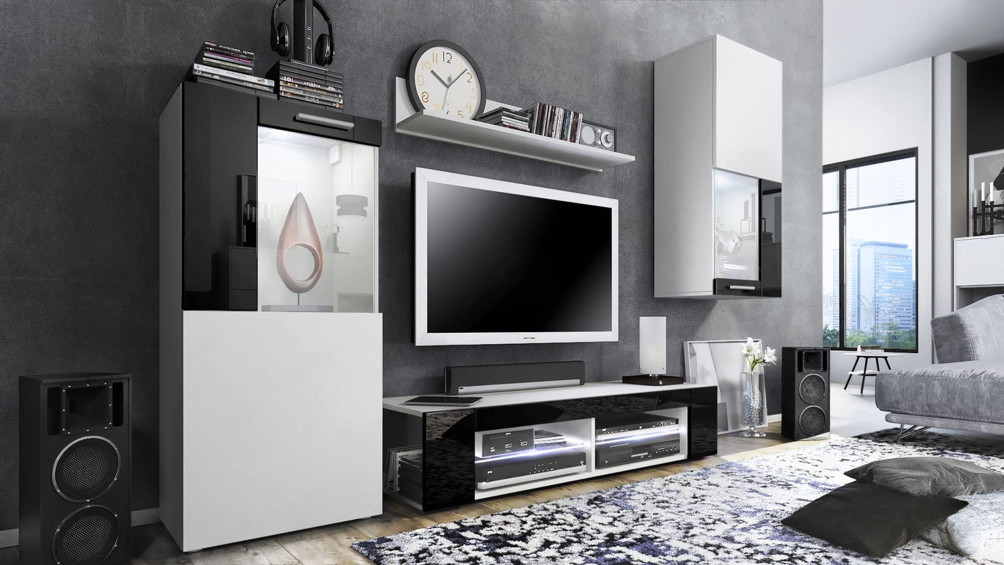 Vladon Wohnwand Movie, Anbauwand bestehend aus 1 TV-Board, 2 Vitrinen und 1 Regal, Weiß matt/Weiß matt/Weiß Hochglanz (Gesamt: 300 x 190 x 39 cm)