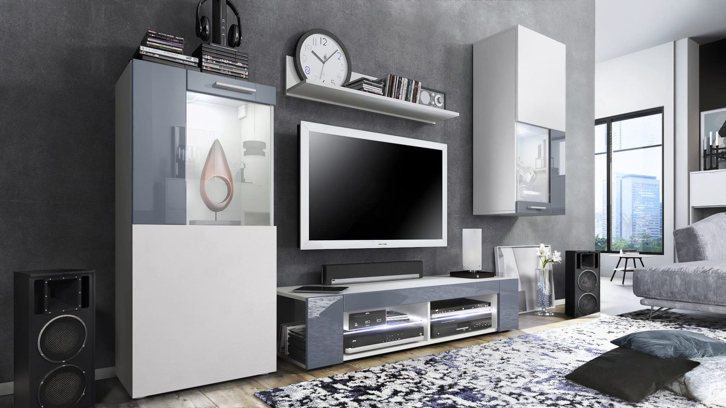 Vladon Wohnwand Movie, Anbauwand bestehend aus 1 TV-Board, 2 Vitrinen und 1 Regal, Weiß matt/Weiß matt/Weiß Hochglanz (Gesamt: 300 x 190 x 39 cm)