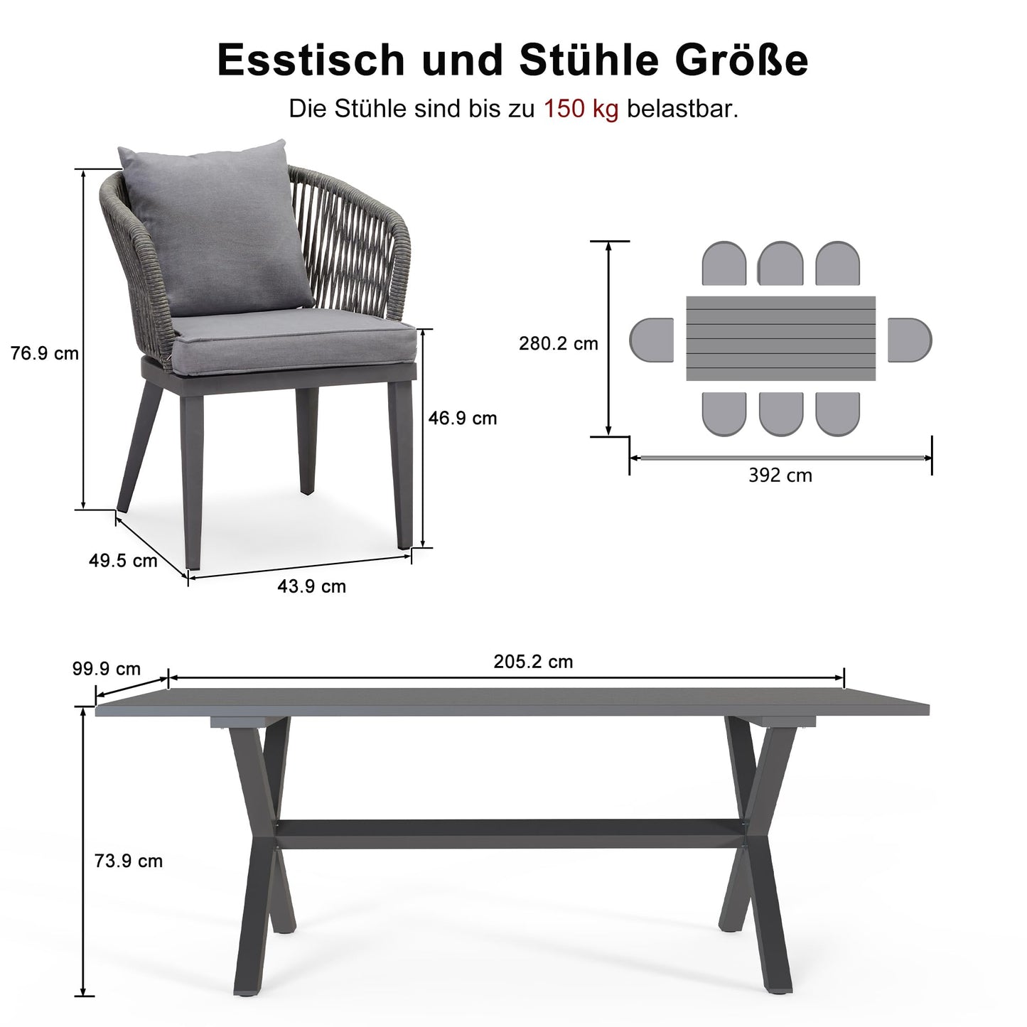 PURPLE LEAF 9-TLG Gartenmöbel Set,Aluminium Terrassenmöbel 8 Gartenstühle mit Tisch Balkonmöbel Essgruppe Gartengarnitur, Grau