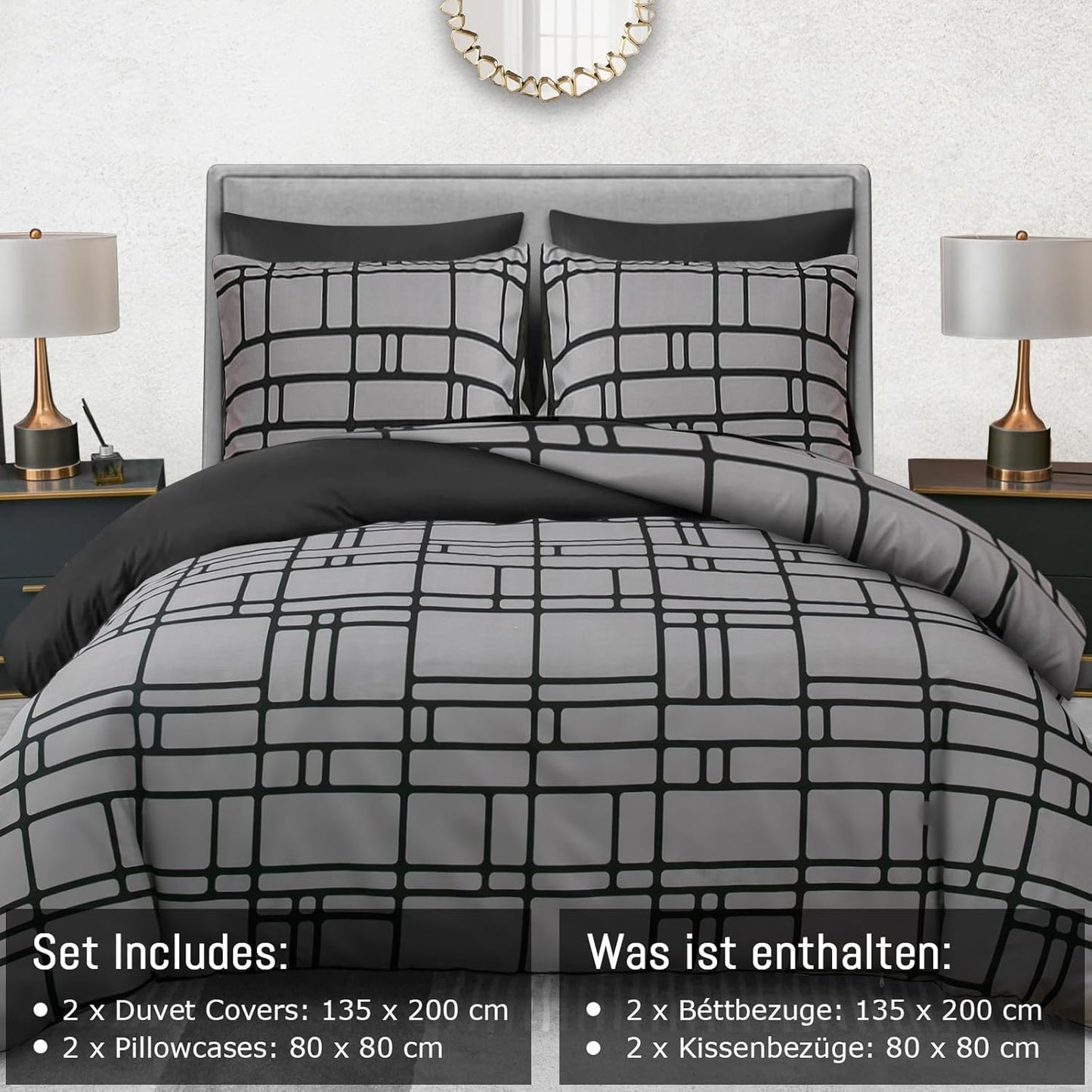 Pamposh Bed Linen 135 x 200 cm 4-Piece Bed Linen Grey 2 Duvet Covers 135 x 200 cm + 2 Pillowcases 80 x 80 cm, Oeko-Tex Bedding Sets Ultra Soft Microfibre with Zip
