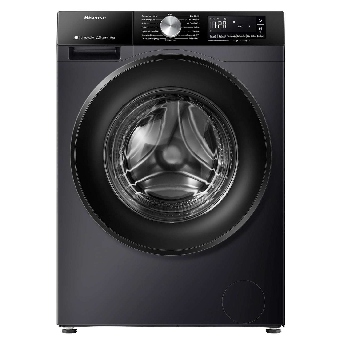 Hisense WF3S8043BB3 Waschmachine mit Dampffunkunktion, 8 kg, 1400 U,min, WIFI, ConnectLife, Power JetWash, Anti-Allergie Programm, Aqua Stop, Auto Wash, Quick Wash, EEK A-30 Prozent