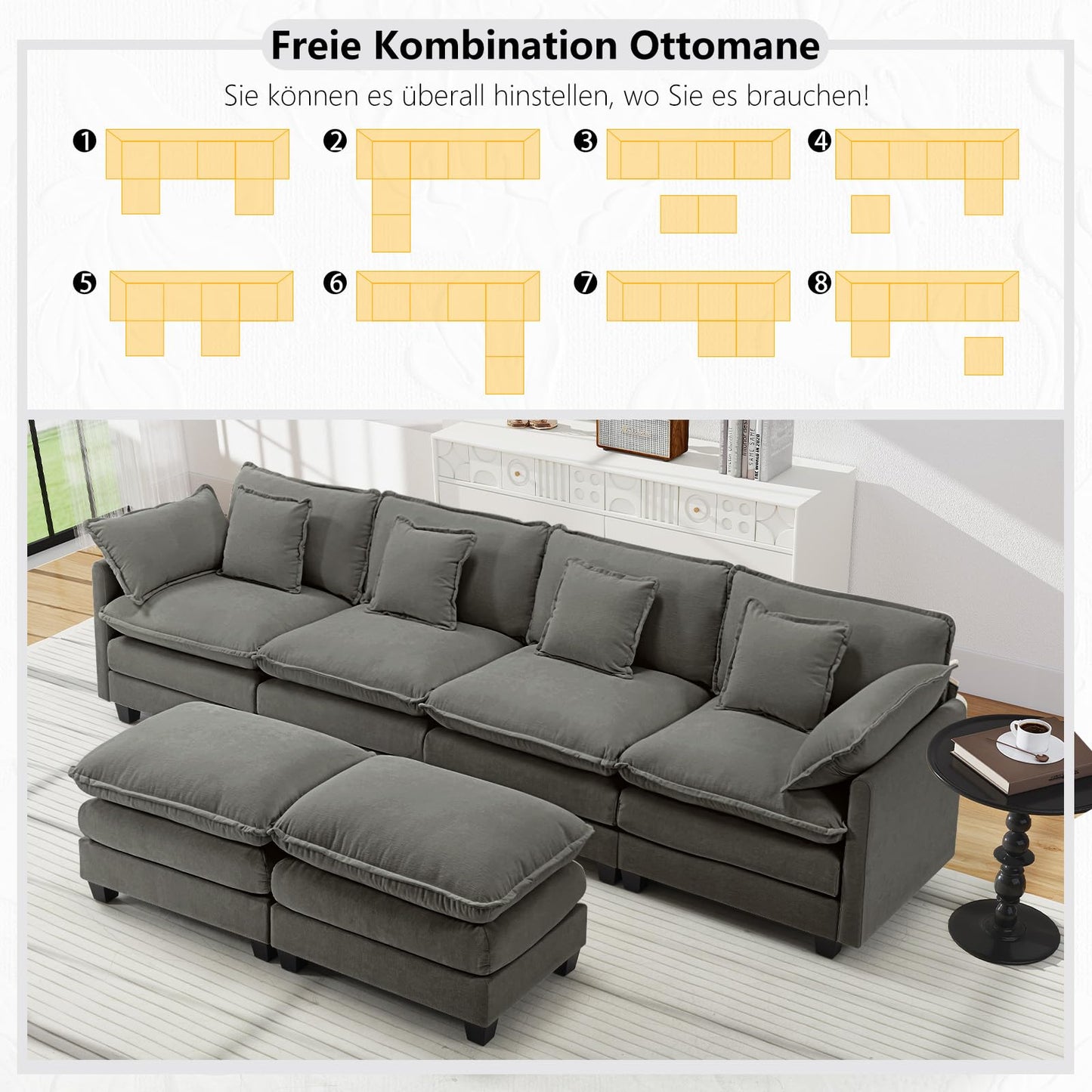 Urhanherry U-Shape Cloud Sofa, Modular Sectional Sofa, 6-Seater with 2 Ottomans, Modern Sofa with Decorative Cushions/Armrests, Breathable Chenille Fabric, U Sofa Couch for Living Room, Beige
