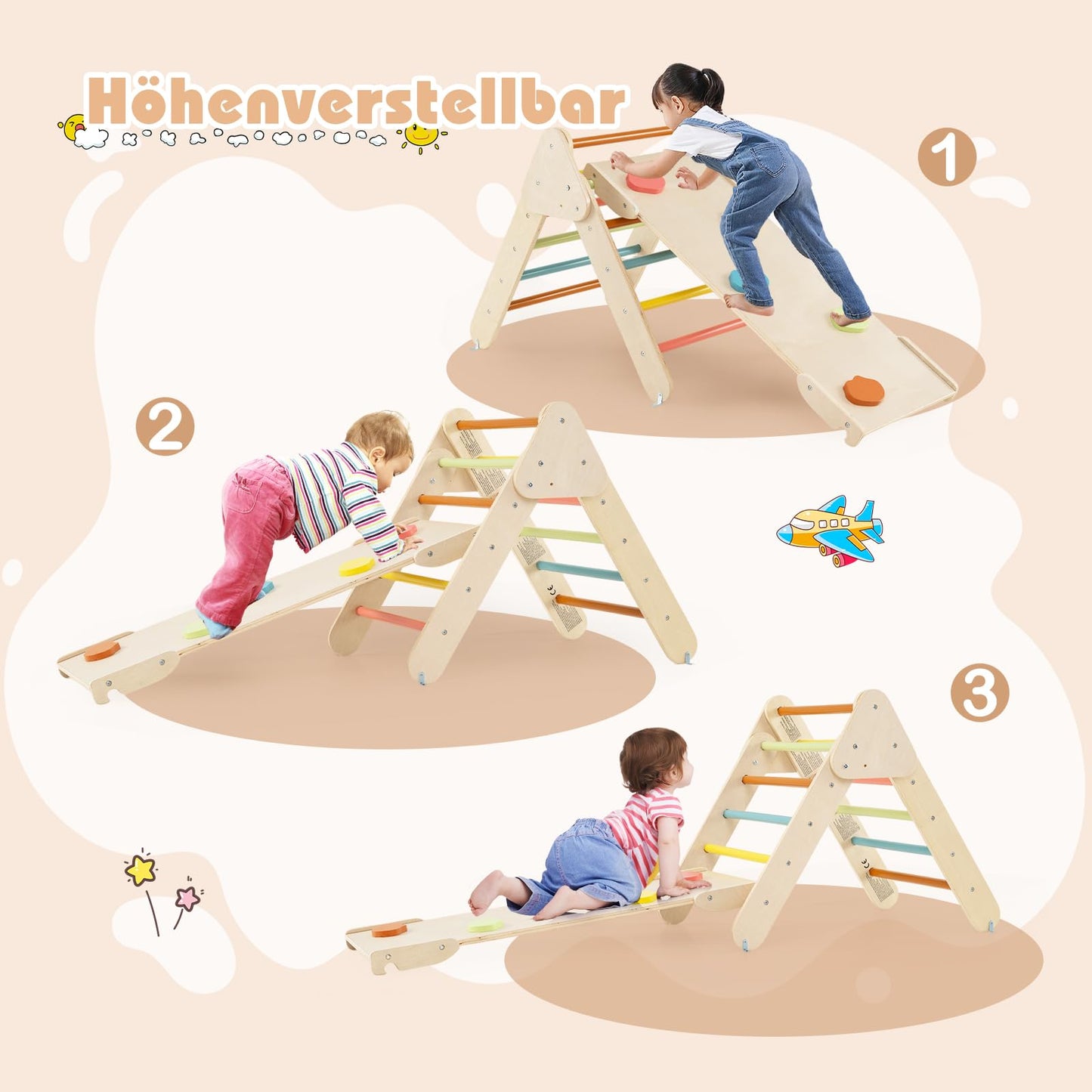 COSTWAY Kletterdreieck mit Rutsche, Kletterbogen, inkl. doppelseitige Rampe, zum Klettern, Rutschen und Wippen, 4 in 1 Klettergerüst Indoor ab 1 Jahr (Macaron bunt)