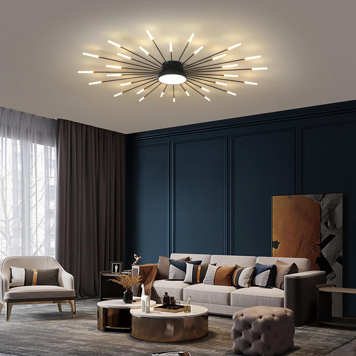 minifair Moderne LED-Deckenleuchte, 12 + 1 Köpfe, halbbündige Deckenleuchte, goldene Kronleuchter, Deckenbeleuchtung für Schlafzimmer, Wohnzimmer, Küche, Esszimmer, Restaurant