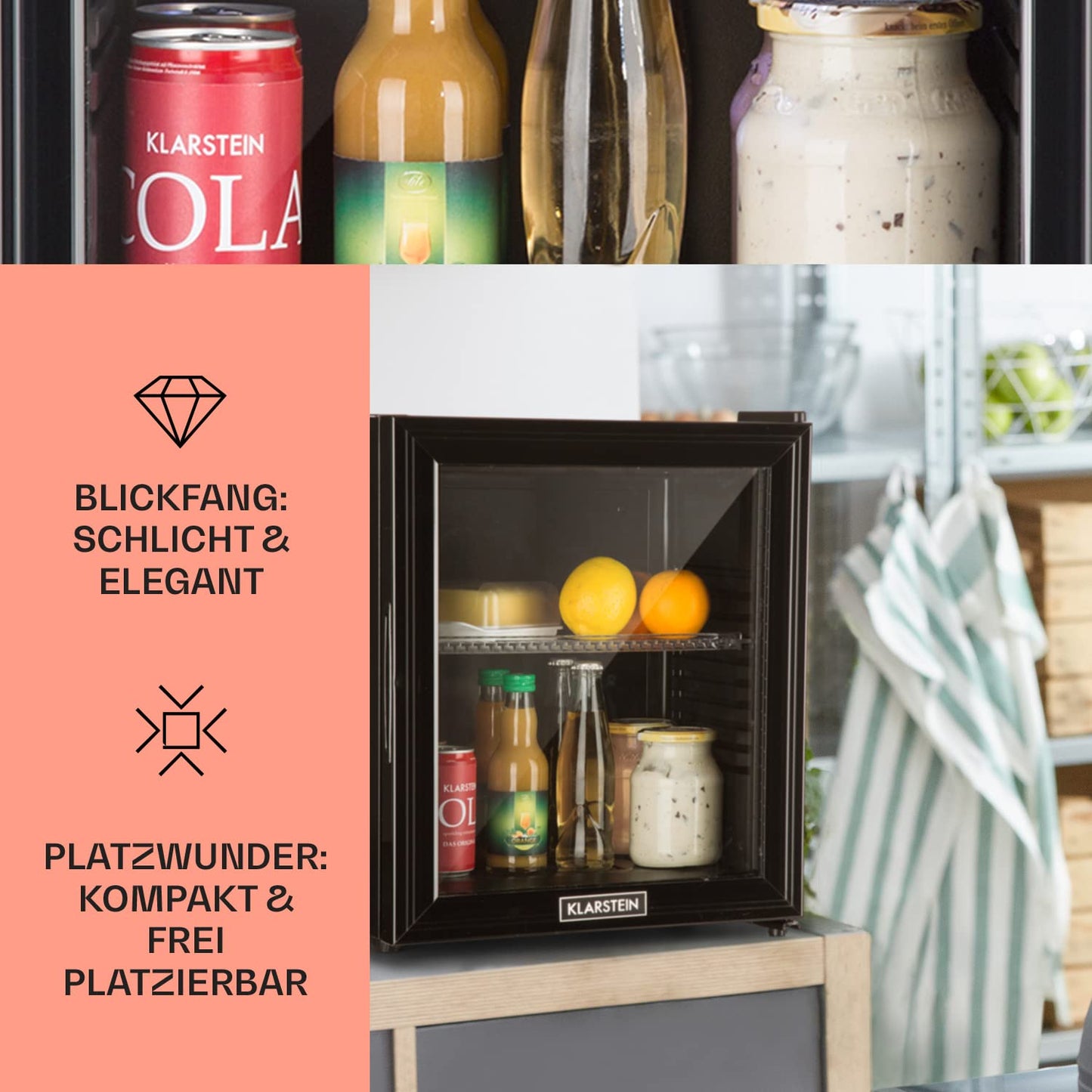 Klarstein Kühlschrank, Mini Kühlschrank mit Glastüre, Mini-Kühlschrank für Getränke, Snacks & Kosmetik, Kühlschrank Klein & Leise, Verstellbare Ablagen, Kleiner Skincare Kühlschrank 12-18°C, 23L