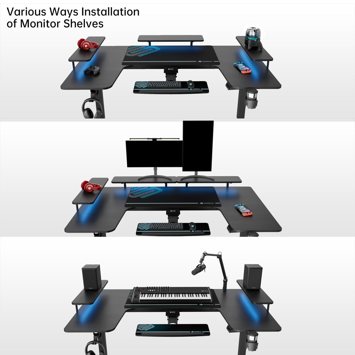 EUREKA ERGONOMIC Height Adjustable Desk 182 x 76 cm Standing Desk in Wing Shape Gaming Table Height Adjustable Electric Large Gaming Desk with LED Monitor Stand and Keyboard Shelf