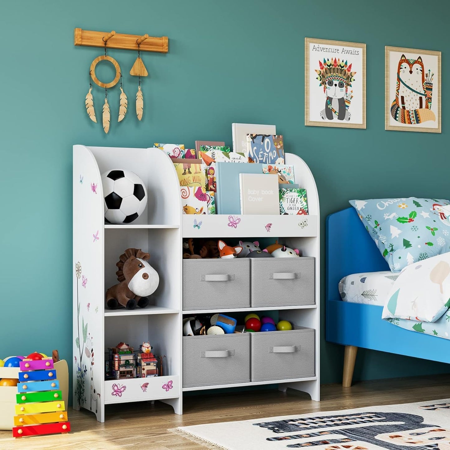 HOCSOK Spielzeugregal 2 Set, Kinderregal mit 4 Aufbewahrungsboxen, Bücherregal Kinder mit 9 Stoffschublade, Spielzeug-Organizer für Kinderzimmer, Schlafzimmer, Kindergarten