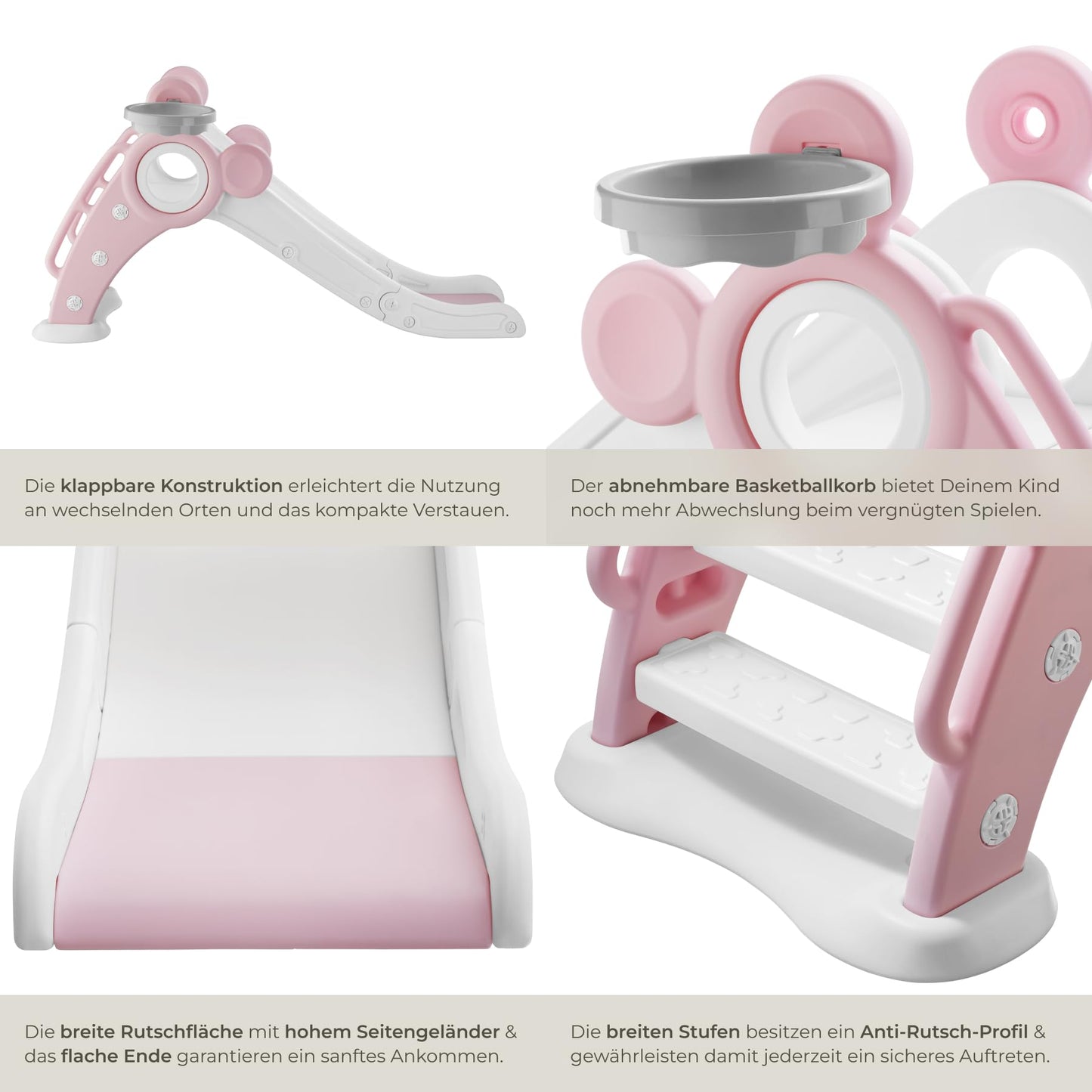tectake® Rutsche mit Basketballkorb, Kinderrutsche, Baby Rutsche klappbar, für Kinder ab 2 Jahre, Spielgeräte zum Klettern und Bewegung Kinder Indoor und Outdoor Spielzeug, Indoor Spielplatz - pink