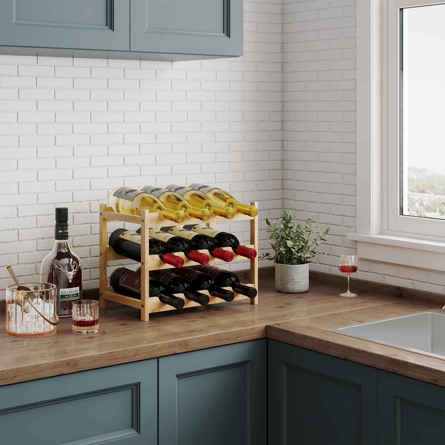 Dripex Wooden Wine Rack Bottle Rack, Small Wine Bottle Rack, Wine Bottle Holder 12 Bottles, Slim Wine Stand Standing, Drinks Rack Bottles for Cellar Kitchen, 3 Levels