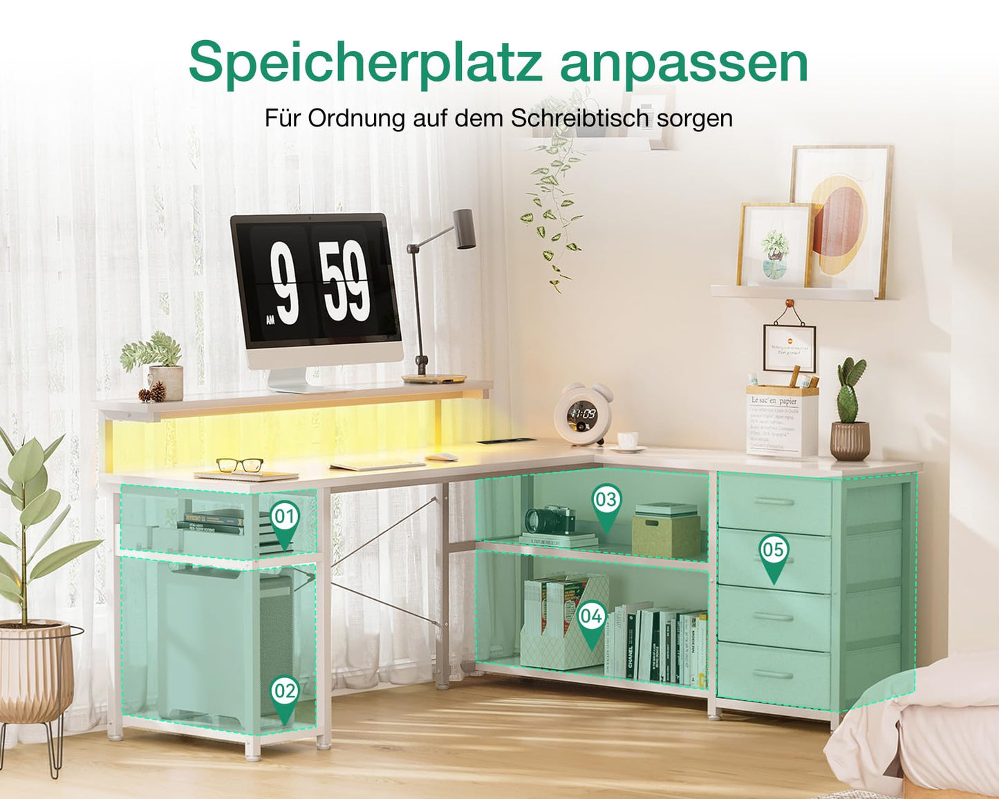 ODK Schreibtisch mit Schubladen, Reversible Eckschreibtisch mit 2 Steckdosen und 2 USB Ladeanschluss, Bürotisch L Form mit LED für Home Office 135×110cm (Graueiche)