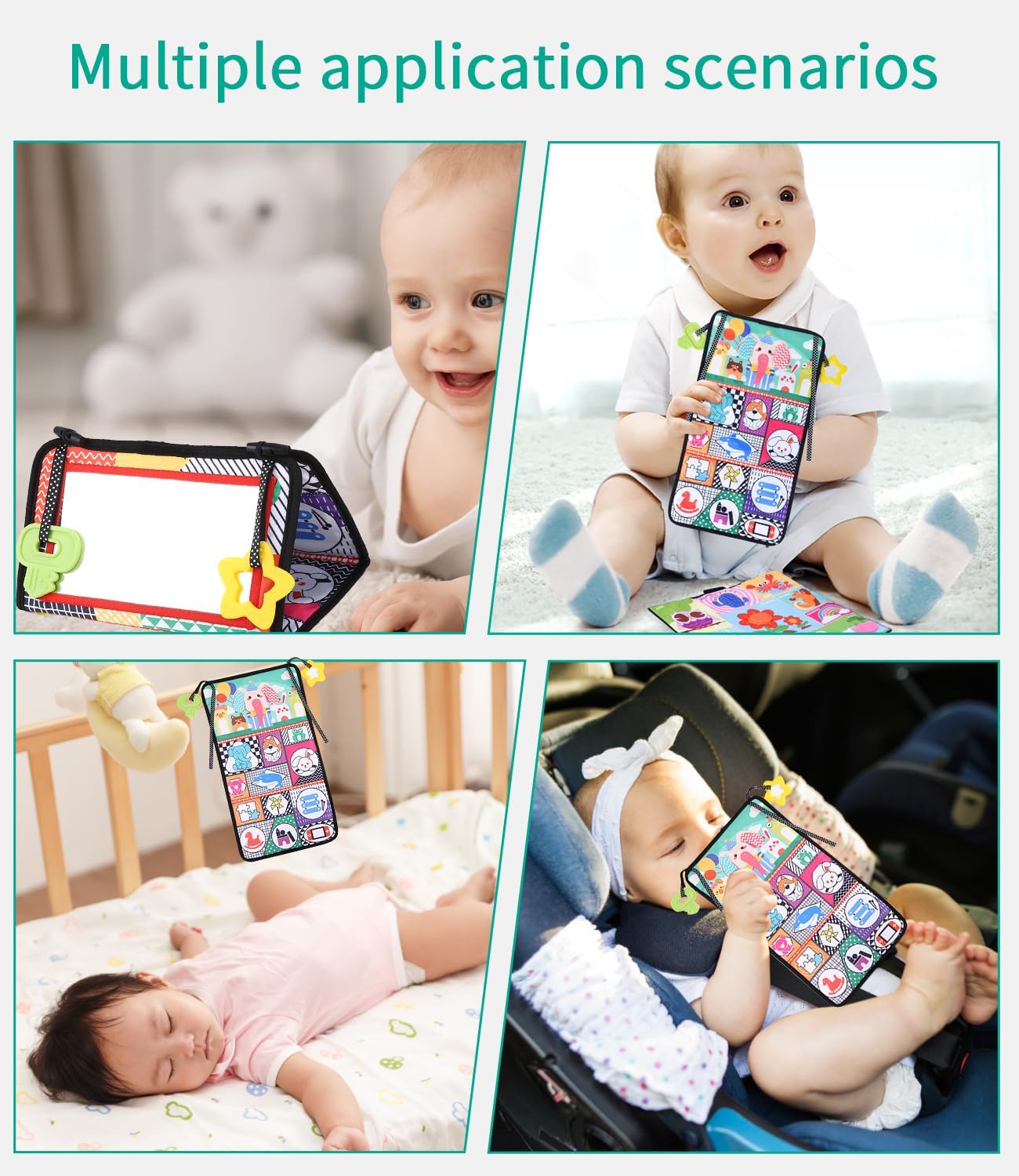 Zawaer Baby Mirror Toy, Foldable Baby Tummy Position, Sensory Fabric Books with Black White Contrast Pattern, Visual Auditory Tactile Stimulation Montessori Toy for Newborns from 3 Months
