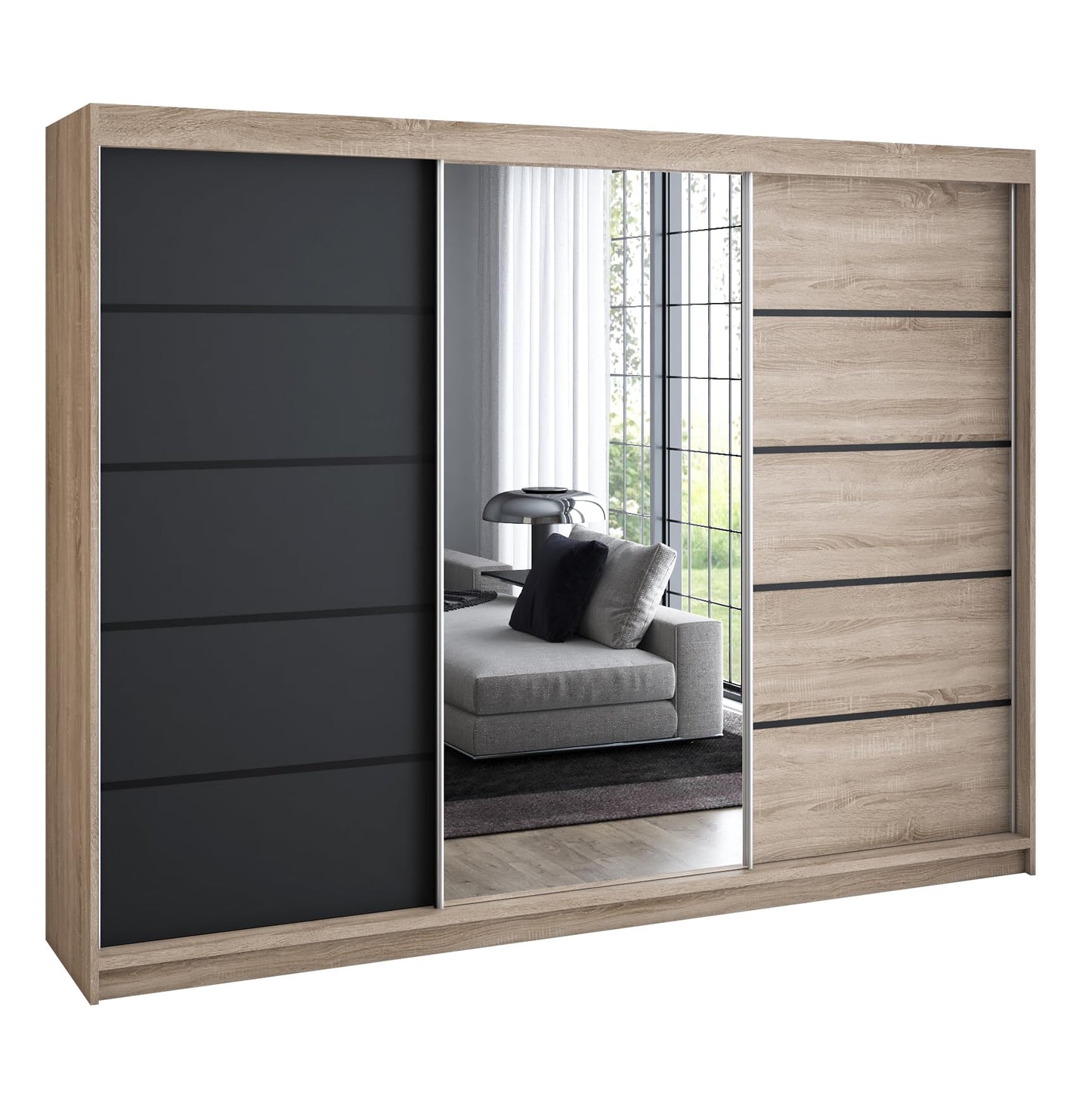 A&J MöbelLand Schwebetürenschrank VILANO 2, 3-türig Schrank 200 cm Kleiderschrank mit 4 Schubladen, und Spiegel (Weiß, Schwarz, Somona) (Schwarz/schwarz/schwarz)