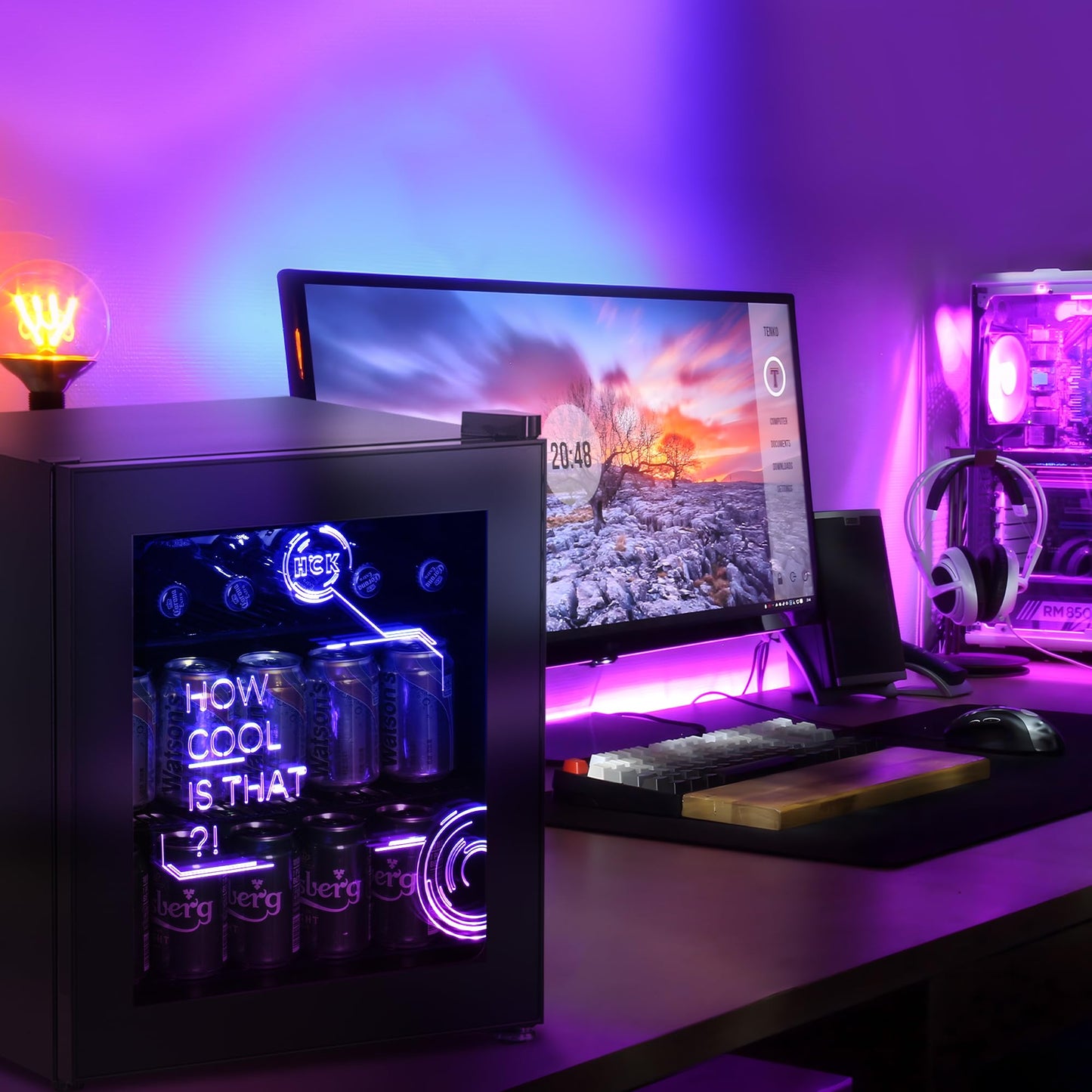HCK 98L Getränkekühlschrank mit Cyberpunk RGB Beleuchtung, Minibar kleine Kühlschrank mit Glastür, lautlos 39dB, 0-15°C, Bierkühlschrank für Spielzimmer, Küche, Schwarz