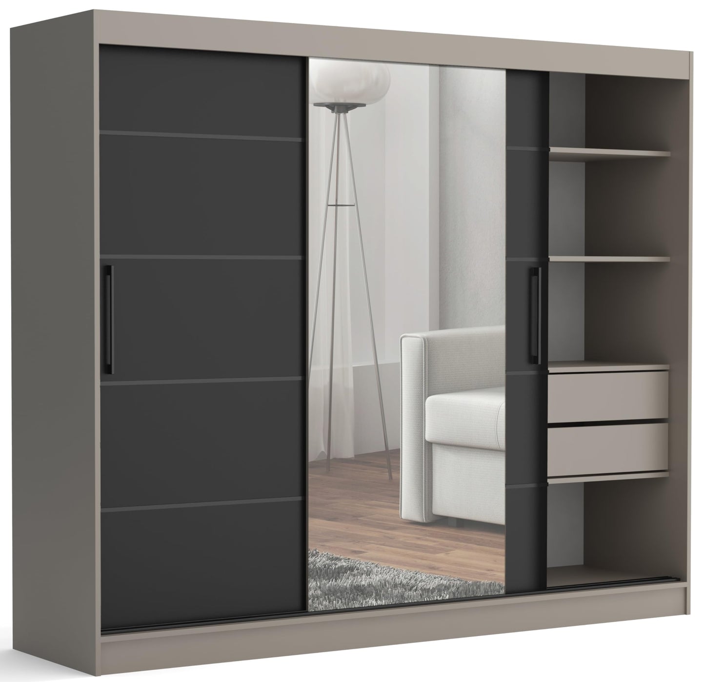 Brent - Kleiderschrank mit Spiegel und Schubladen 235cm Breit Chelsea Tomy, Schwebetürenschrank mit Spiegel, Schlafzimmerschrank, Kleiderschrank Schwarz