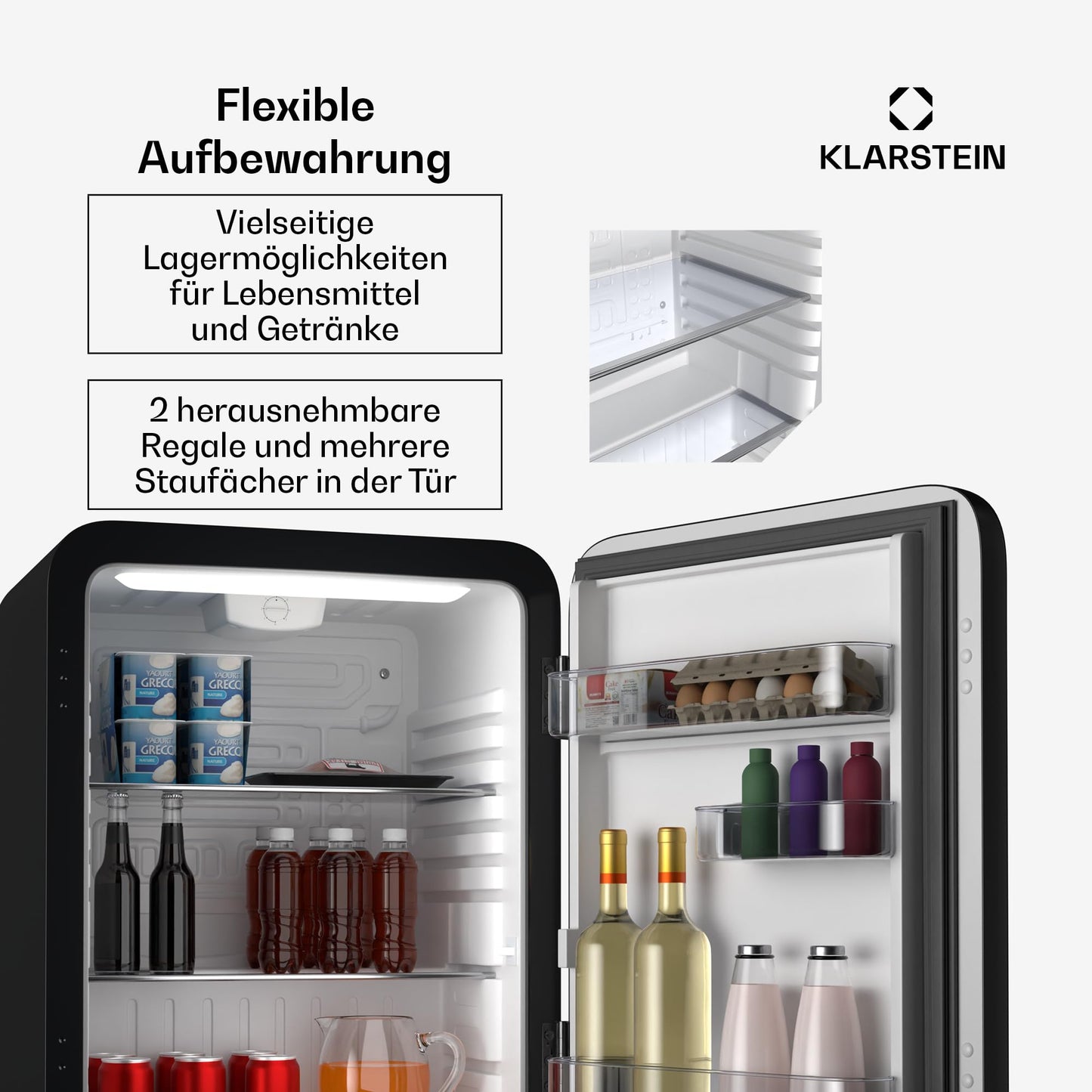 Klarstein Kühlschrank, Mini-Kühlschrank für Getränke, Kühlschrank Klein, Kleiner Kühlschrank Lautlos, Skincare Fridge, Vintage Design, Camping Kühlschrank, Minikühlschrank für Zimmer, 0-10°C, 70 L