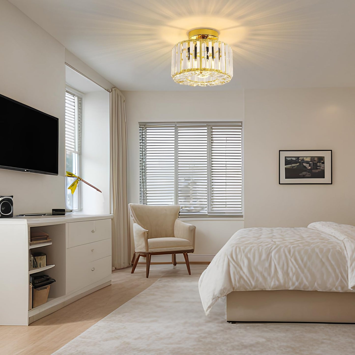 FRIDEKO HOME Modern Kronleuchter Kristall Deckenleuchte Gold,Kleine Kristall Deckenlampe E27 Fassung für Wohnzimmer Schlafzimmer Küche Flur,Ø23cm
