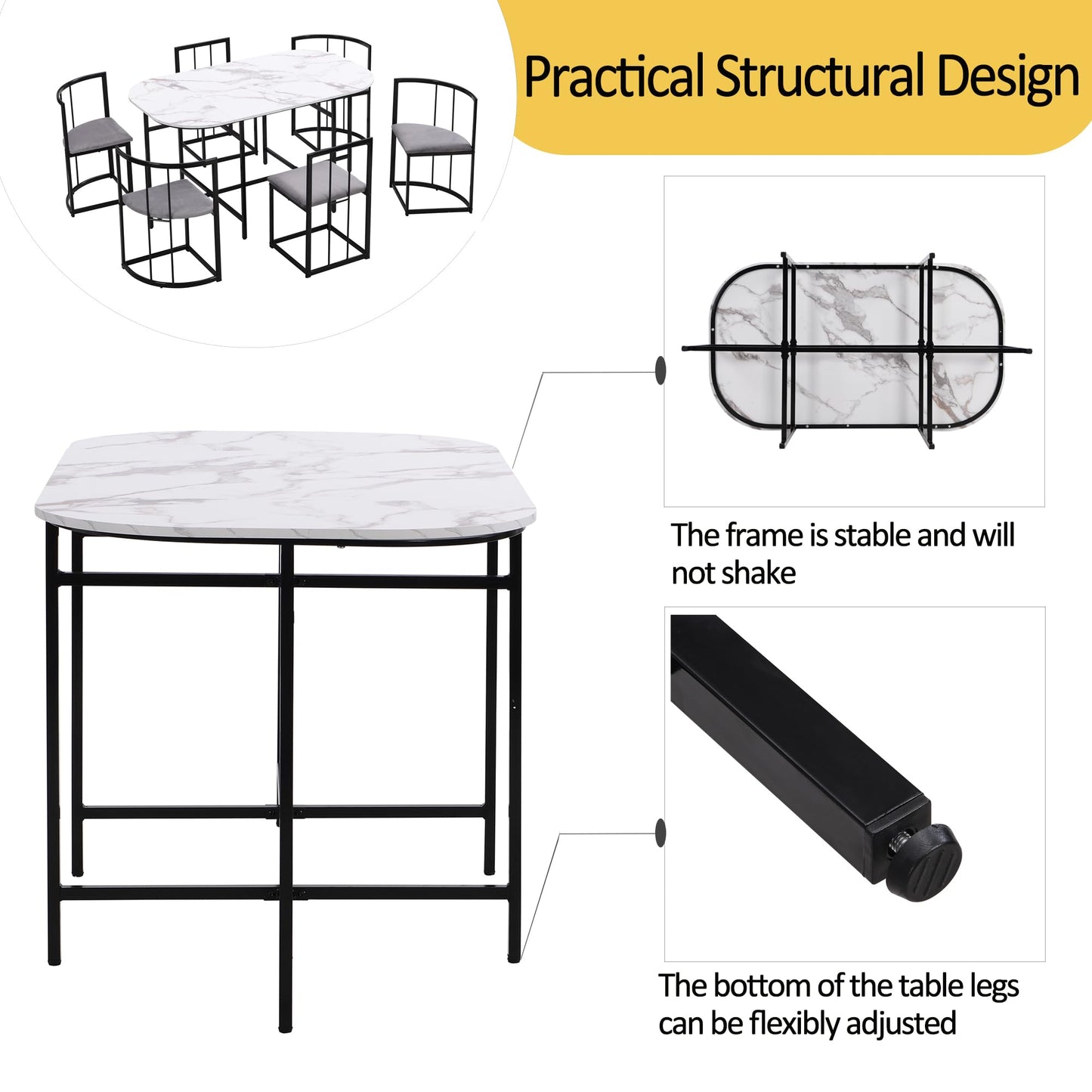 Gegtuon Esstisch 7 teilig für 6 Personen 140x80x76cm, Esstisch Rund mit 6 Stühlen und Tisch, Modern Küchentisch Metallgestell mit Rückenlehne, Essgruppe für Esszimmer Wohnzimmer Küche, Schwarz