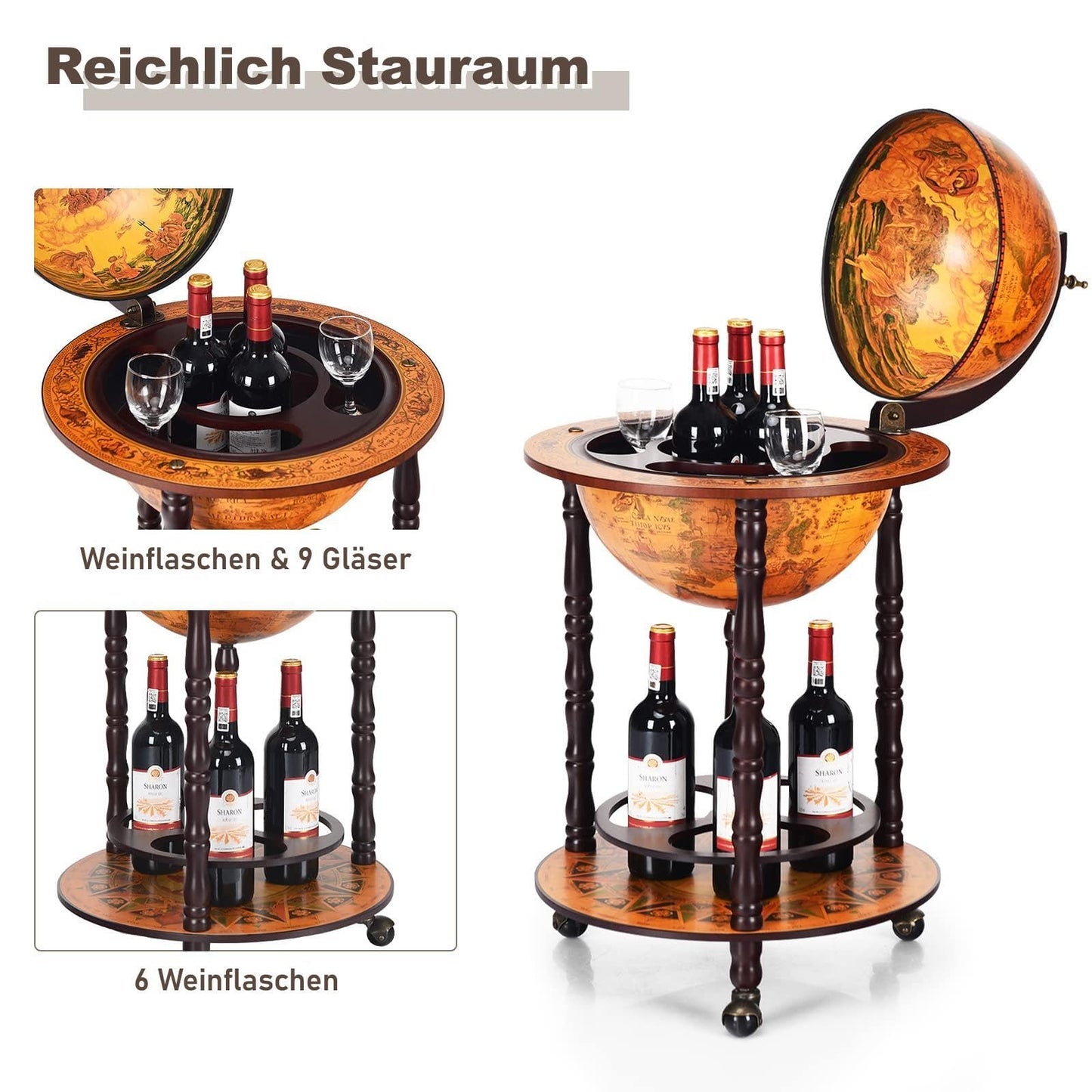 RELAX4LIFE Globe Bar on Wheels, Bar Trolley with World Globe, Bar Table Solid Wood, Serving Trolley with Wine Bottle Holder, Mobile Cocktail Bar, Antique Look, Decorative Mini Bar Serving Table