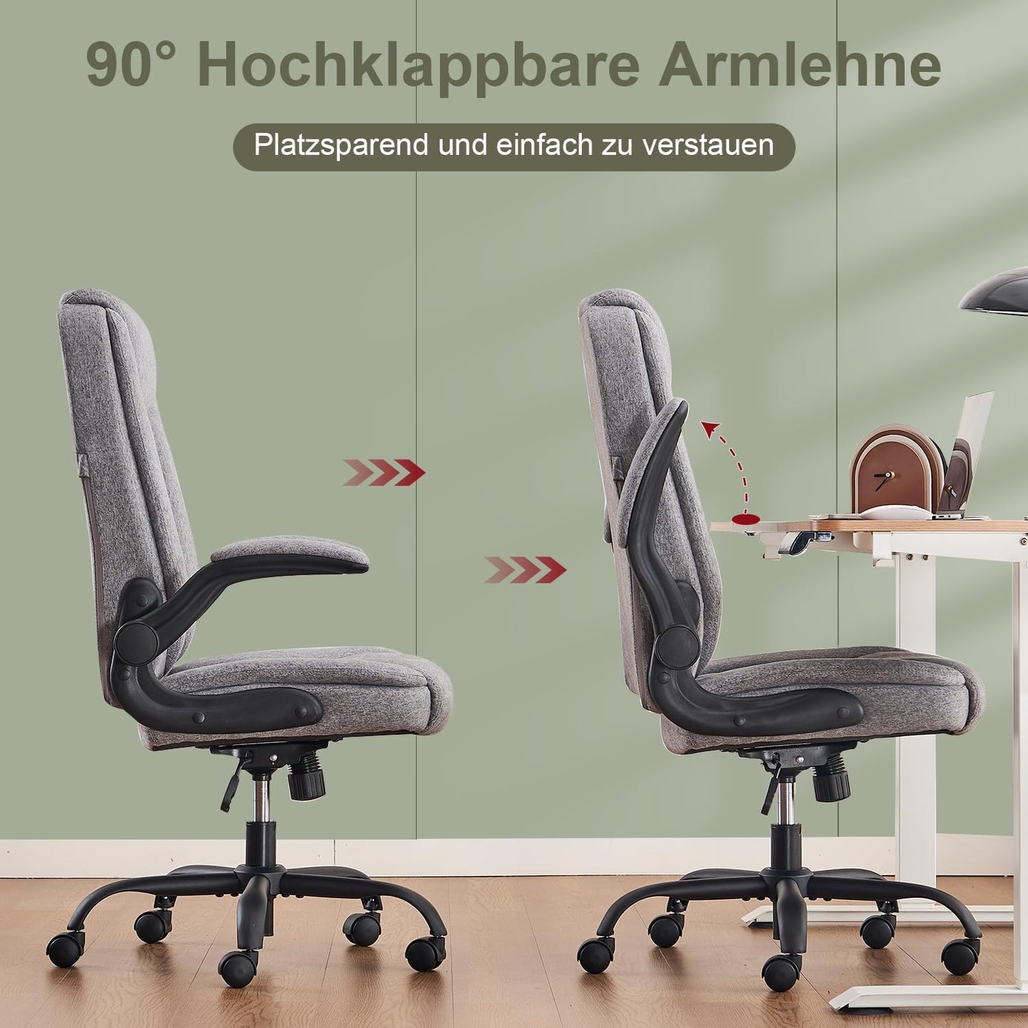 CASTLOVE Bürostuhl Ergonomisch Schreibtischstuhl Chefsessel Mit Gepolsterten Armlehnen Klappbar, H?henverstellung, Wippfunktion und Kopfstütze Bequem für Home-Office Bürostuhl 150kg Beige Stoff