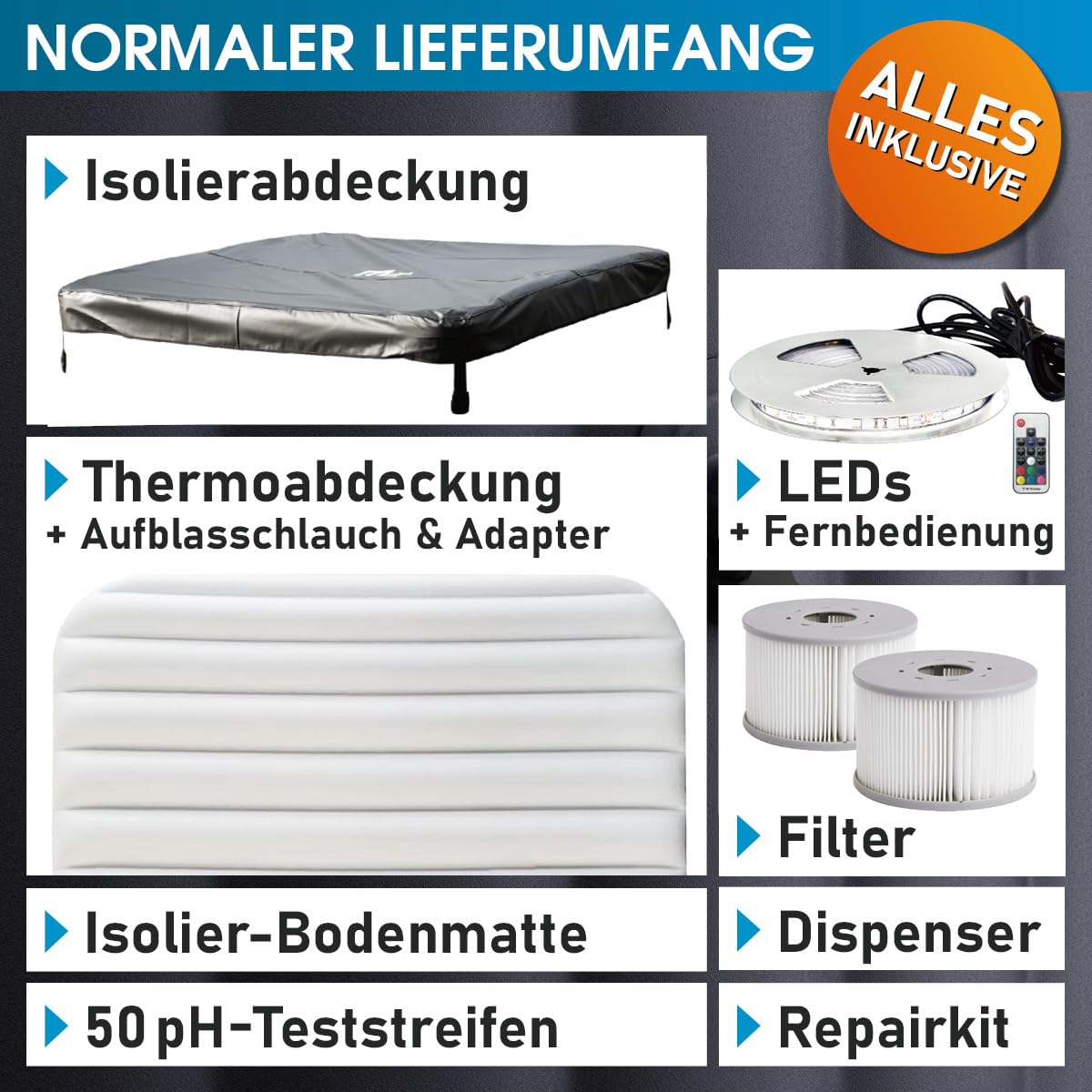 BRAST Whirlpool MSpa Oslo & Oslo Plus XXL mit Fester Außenwand | 160x160x65cm - 180x180x65cm | LED-Beleuchtung 20 Farben | 6 Personen | 120-140 Massagedüsen | Ganzjähriger Einsatz Winterfest