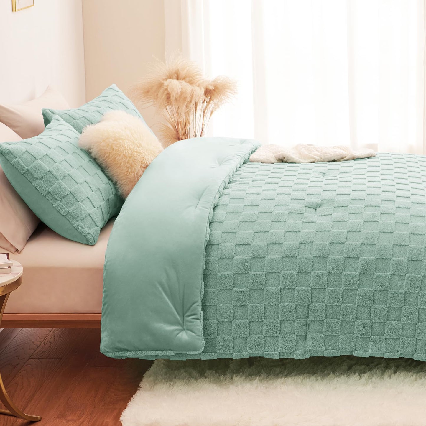 CozyLux Queen Size Comforter Set Blush Pink, Fluffy Plush Fleece Comforter with Checkered Pattern, Farmhouse Boho Soft Warm Bed Set, 3 Pieces, 1 Comforter and 2 Pillowcases