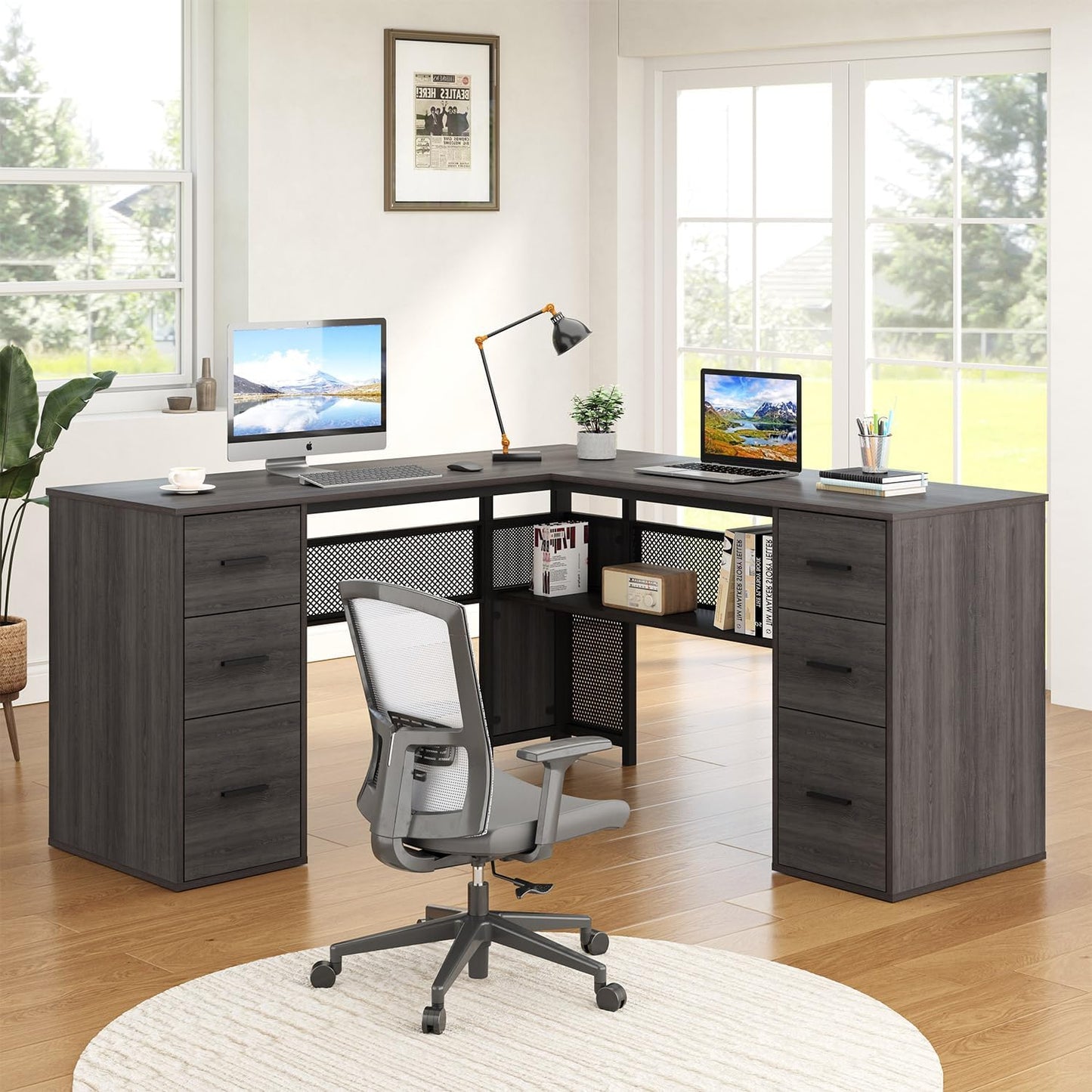 HSH - Black L Shape Corner Desk with Filing Drawers and Shelves, Reversible Corner Desk Made of Metal and Wood with Storage Cabinets