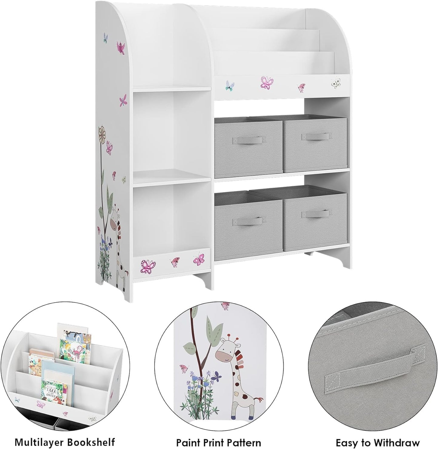 HOCSOK Spielzeugregal 2 Set, Kinderregal mit 4 Aufbewahrungsboxen, Bücherregal Kinder mit 9 Stoffschublade, Spielzeug-Organizer für Kinderzimmer, Schlafzimmer, Kindergarten