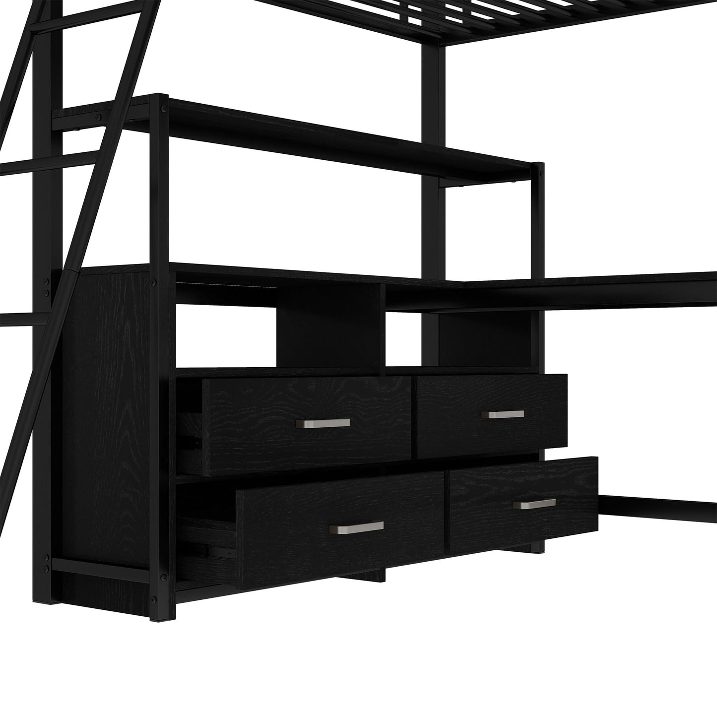 Merax Kinderbett Hochbett 90x200 cm Metallbett mit L-förmigem Schreibtisch, 2 Schubladen und Regal, Bettgestell mit Lattenrost (ohne Matratze) für Kinder/Erwachsene, Schwarz