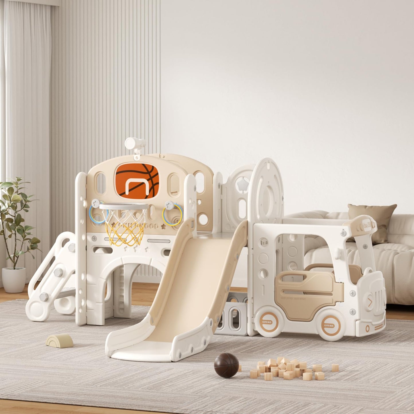 Rutsche mit Klettergerüst für Kinder: Indoor Spielplatz mit - Aufbewahrungsbox Tunnel Treppenleiter Basketballkorb und Durchgangsbereich Gartenrutsche (Star Set-G-Brown)