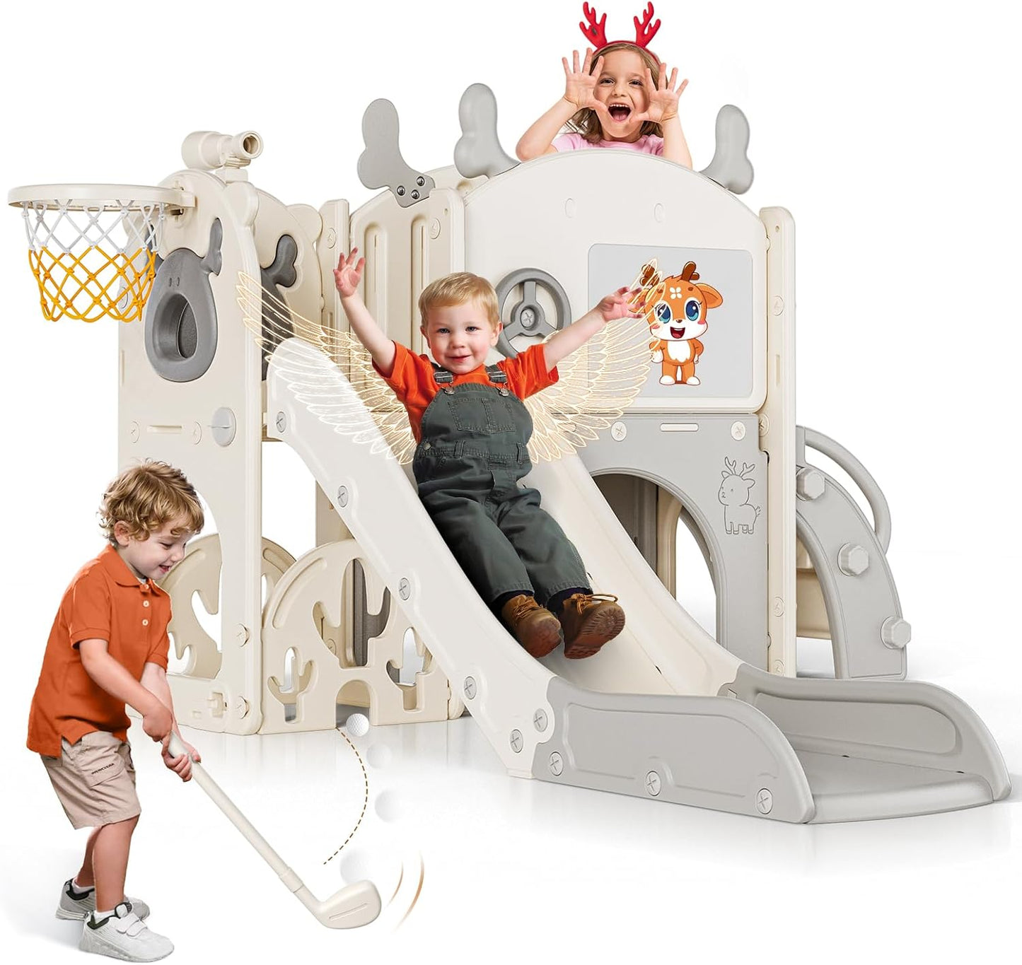 Children's Slide, Large Toddler Slide with Basketball Hoop, Climbing Frame for the Garden, Telescope, Storage Space, for 1-3 Years, Extra Long 1700 mm (7-in-1 Elk Slide Active Model (Khaki)))