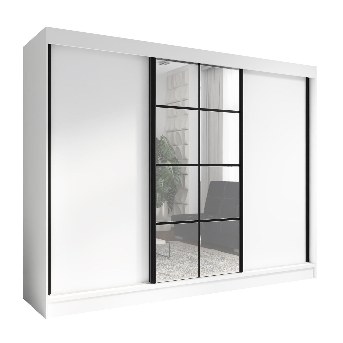 A&J MöbelLand Oravelle Sliding Door Wardrobe 3 Doors with Drawers and Mirror 200 cm (Black)
