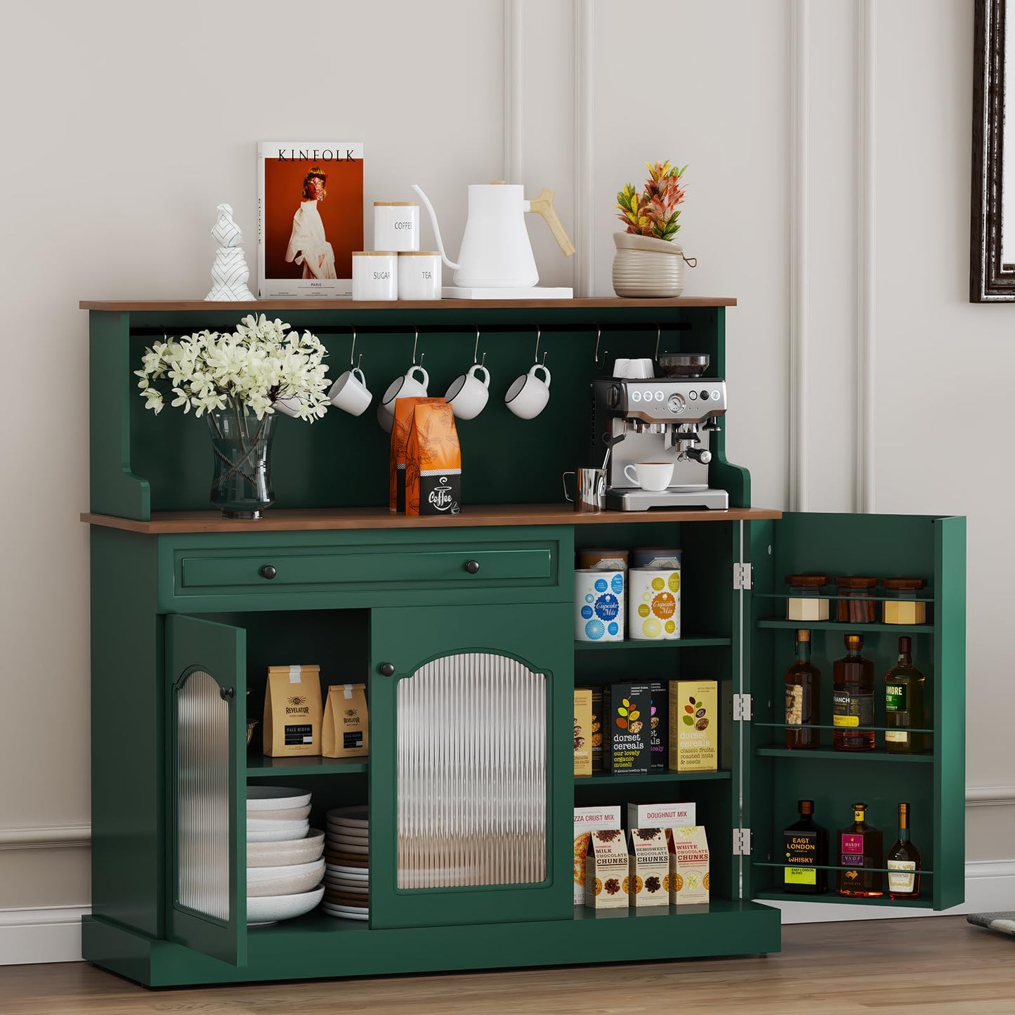 HOLTICO Küchenschrank mit Arbeitsplatte, Küchenbuffet Buffetschrank Grün, Weinschrank mit Schublade und Oberer Ablage, Kommoden & Sideboards für Wohnzimmer, Esszimmer