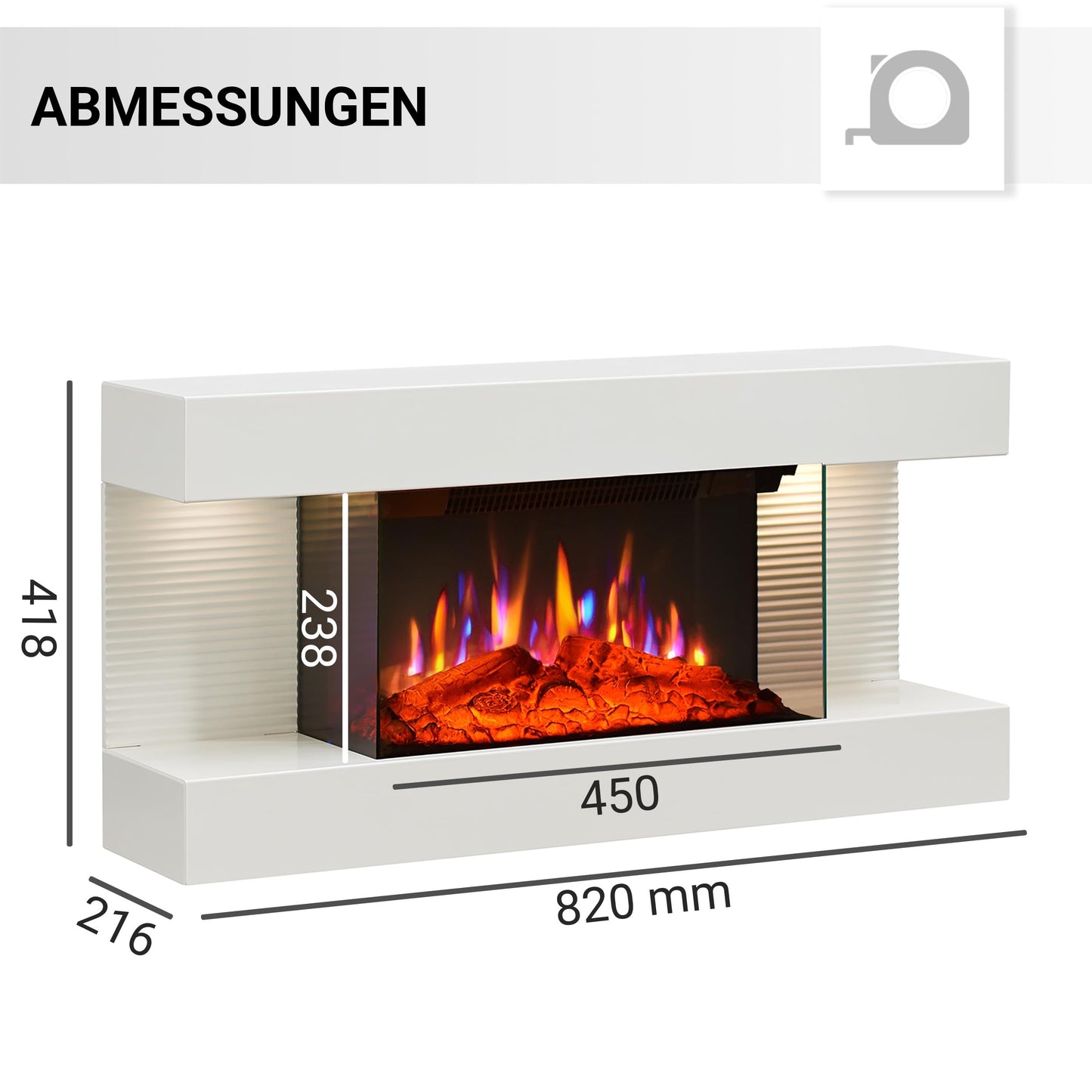 BALDERIA Ida Electric Fireplace, Electric Wall Fireplace with 3D Flame Effect, Electric Heater 1800 W, Fireplace with Remote Control, Start Control, Timer and Thermostat, White