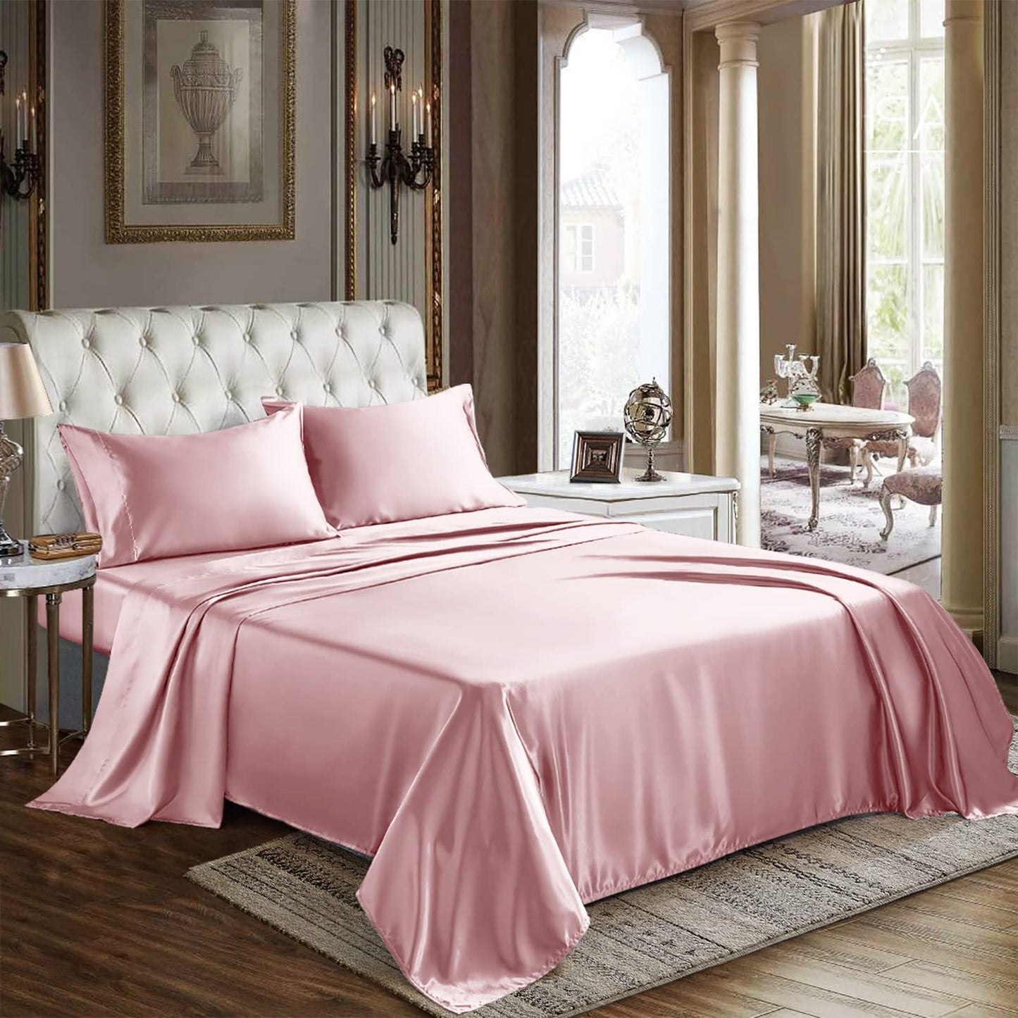 CozyLux Satin Sheets Queen Size - 4 Piece Black Bed Sheet Set with Silky Microfiber, 1 Deep Pocket Fitted Sheet, 1 Flat Sheet, and 2 Pillowcases - Smooth and Soft