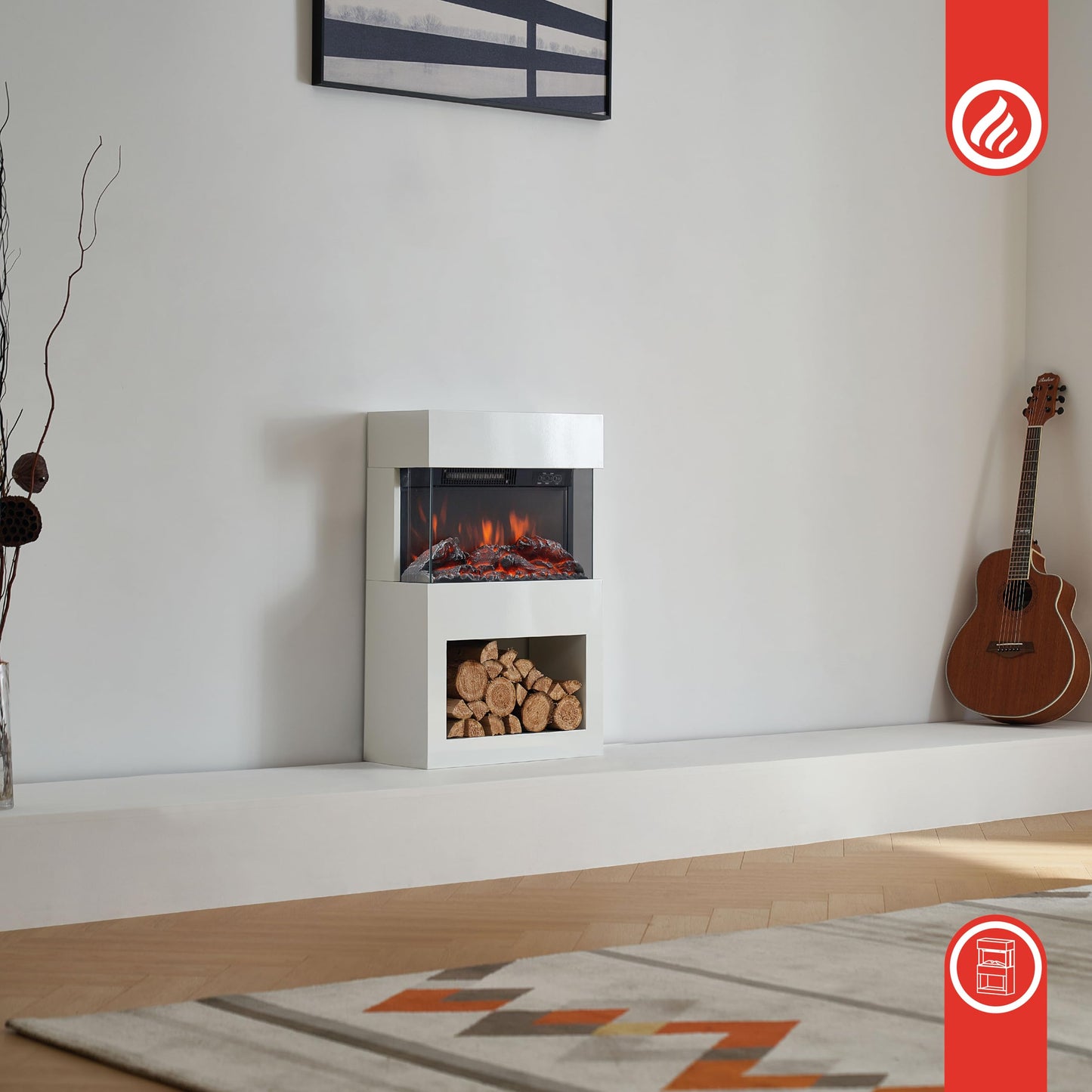 KAMINIO Henri Electric Fireplace with Heater, 3D Flame Effect, Wooden Compartment, Remote Control (White)