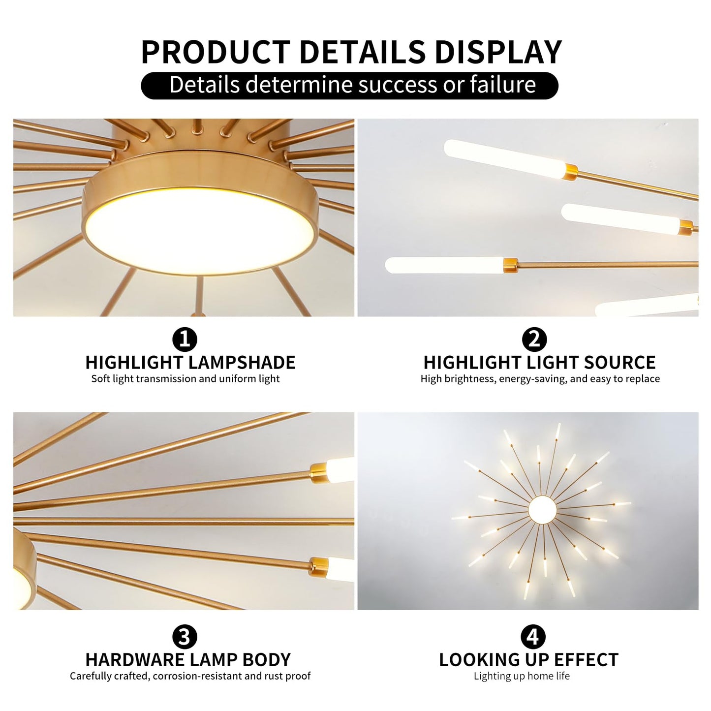 minifair Moderne LED-Deckenleuchte, 12 + 1 Köpfe, halbbündige Deckenleuchte, goldene Kronleuchter, Deckenbeleuchtung für Schlafzimmer, Wohnzimmer, Küche, Esszimmer, Restaurant