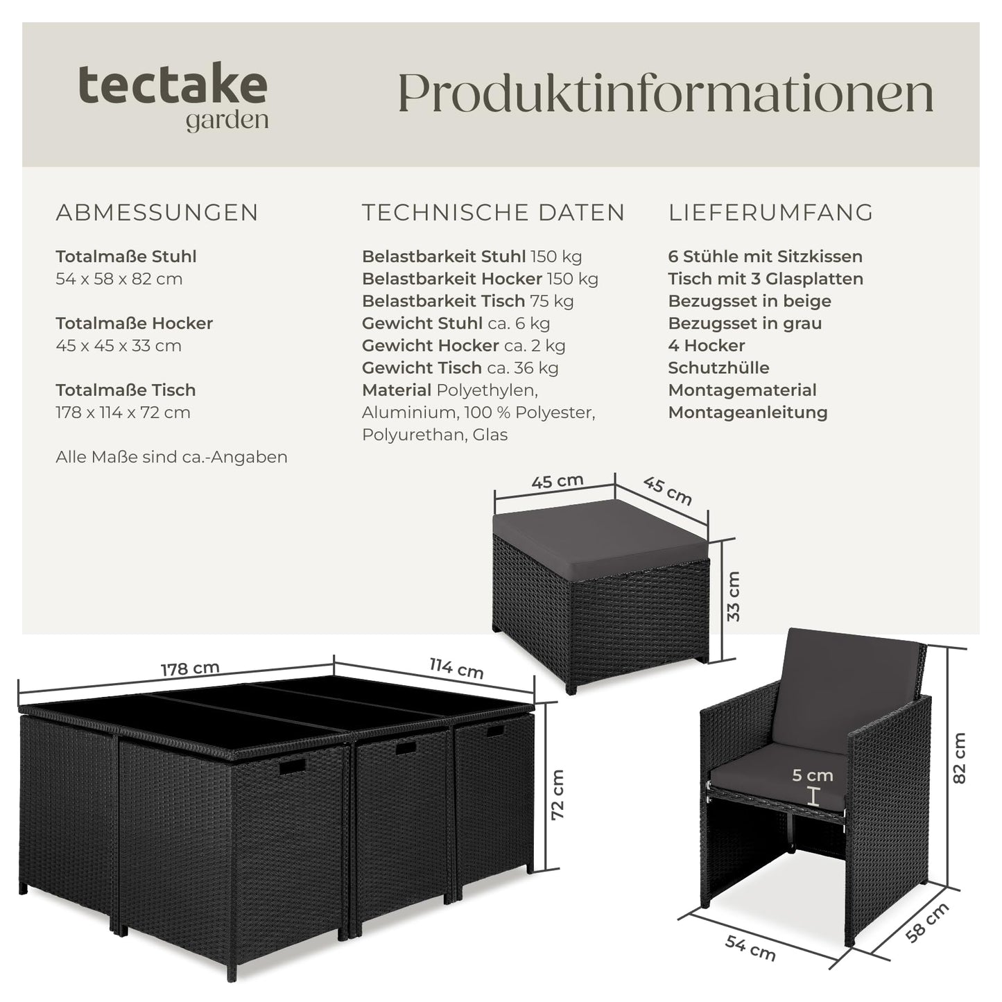 tectake Polyrattan Gartenmöbel Set, Sitzgruppe mit 6 Stühle +1 Glasplatte Tisch + 4 Hocker, Gartenlounge Set klappbar, für bis zu 10 Personen, Balkon Möbel, inkl. 2 Bezugsset - Natur