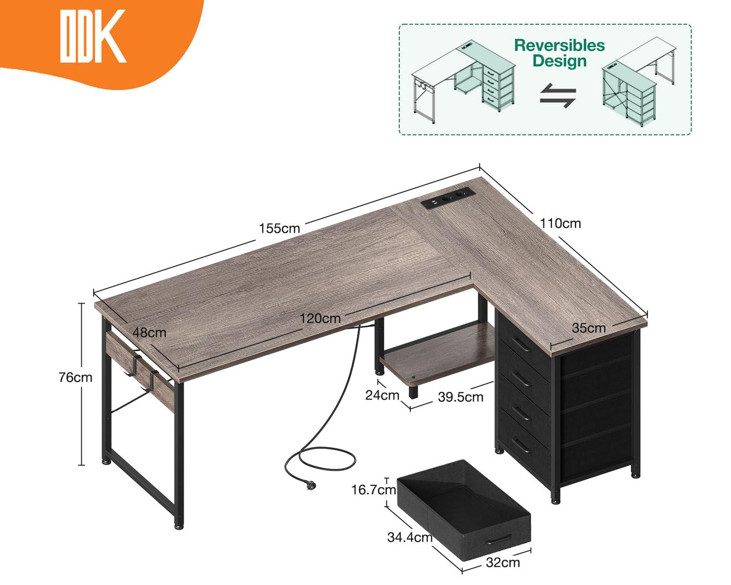 ODK Corner Desk with 4 Drawers, 135 x 100 cm, L Shape Desk with Socket and USB Charging Port, Reversible Desk with Storage Space for Home Office and Gaming, Black