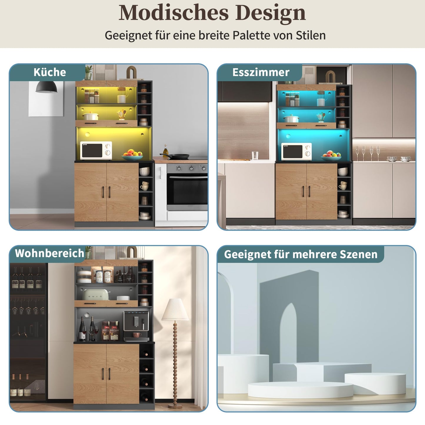 Merax Kitchen Cabinet with Worktop, Sideboard 120 Wide, Buffet Cabinet with Adjustable Shelves & Wine Rack, Tall Cabinet Kitchen Buffet with 4 Doors and 2 Drawers, Black, 120 x 40 x 188 cm