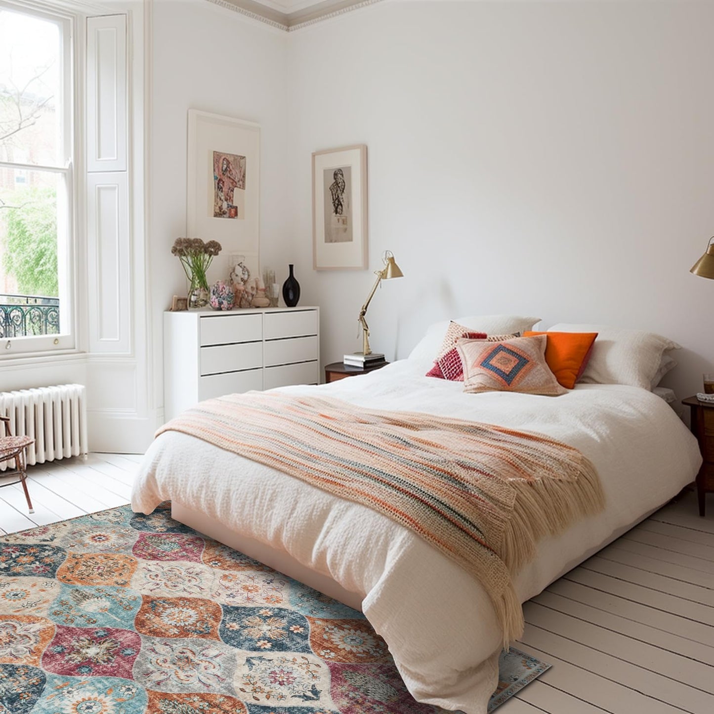 Xfrog Blumen Boho Teppich - Rutschfester Waschbarer Ultraweicher Antiker Niedriger Flor Flächenteppich für Wohnzimmer, Schlafzimmer, Kinderzimmer - 80 x 150 cm