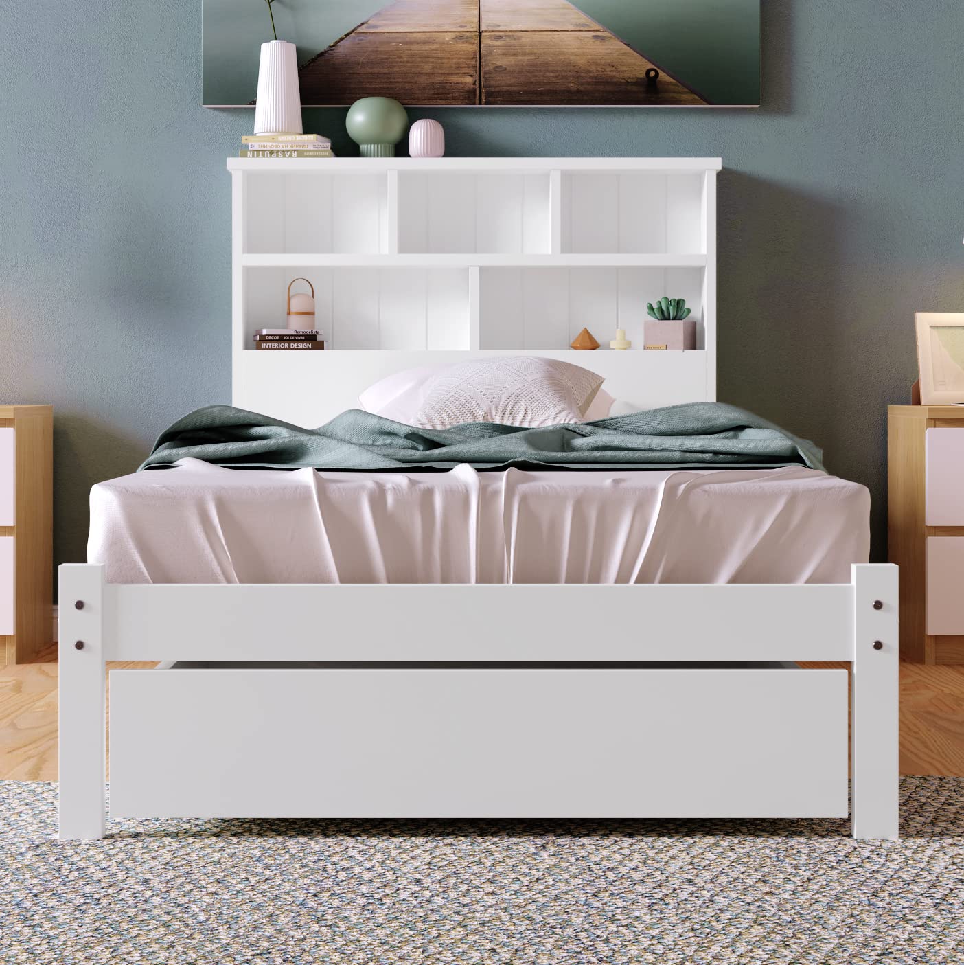 RIAZOS Kinderbett Holzbett 90x200 cm, Massiveholz Einzelbett mit Schreibtisch und Schubladen, Stauraumbett mit Lattenrost, für Jungen & Mädchen, ohne Matratze, Weiß