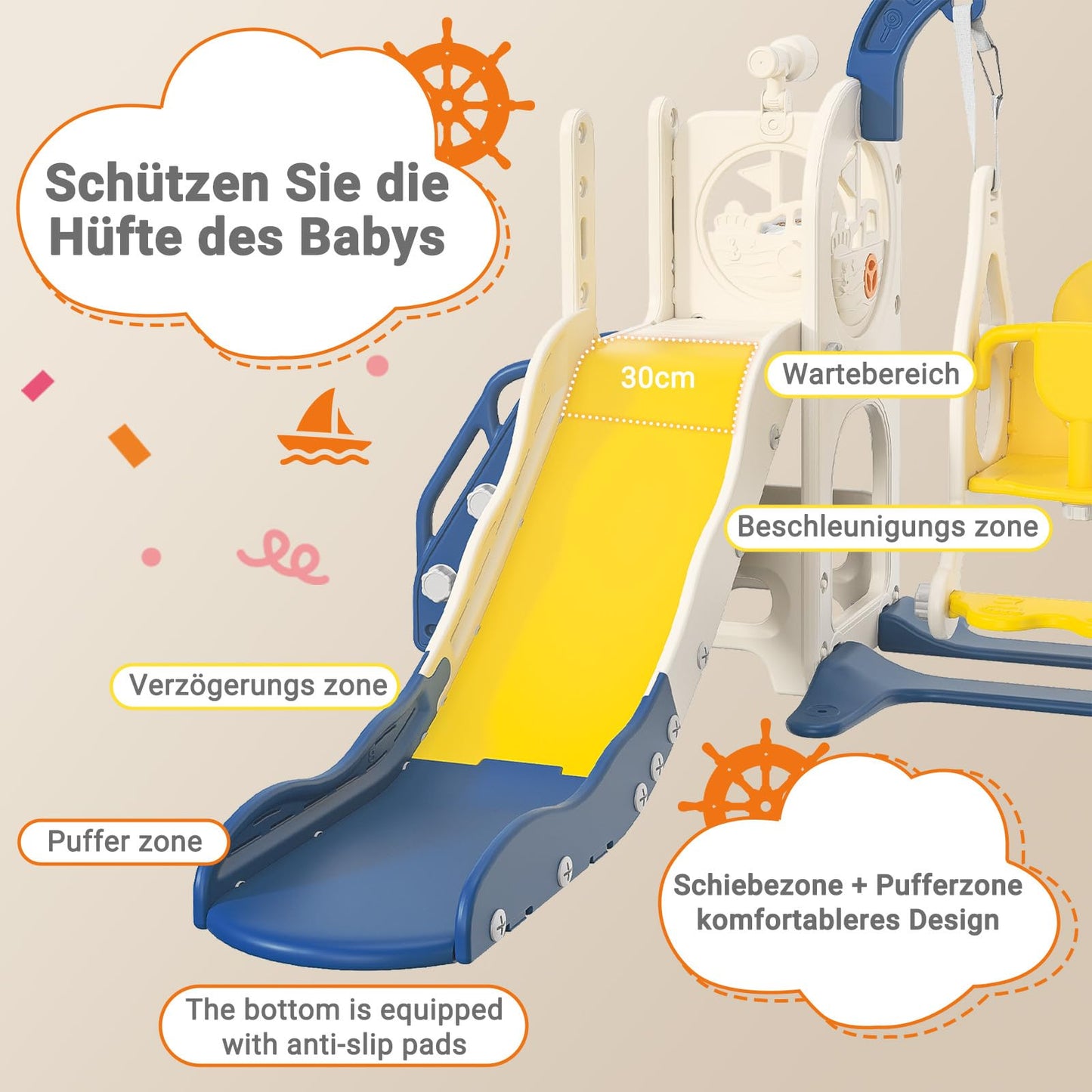 BestAlice 4 in 1 Kinderrutsche Set für Outdoor und Innen, Spielplatz mit Schaukel, Basketballkorb, Kletterleiter, Indoor- und Outdoor-Spielset, 18 Monate + (Blau)