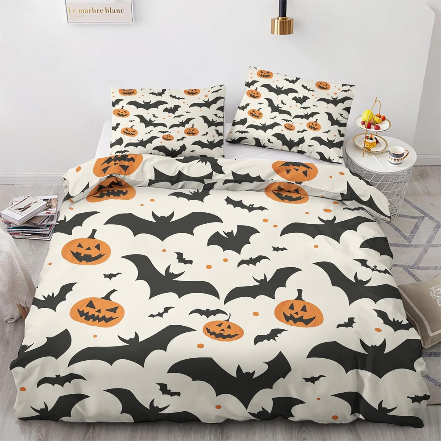 Bed Linen 140 x 200 cm Halloween Bats Motif - Scary Duvet Cover and 1 Pillowcase 70 x 90 cm, Soft Non-Iron Microfibre Duvet Cover Set of 2 with Zip, Reversible Bedding & Decoration M&-1513