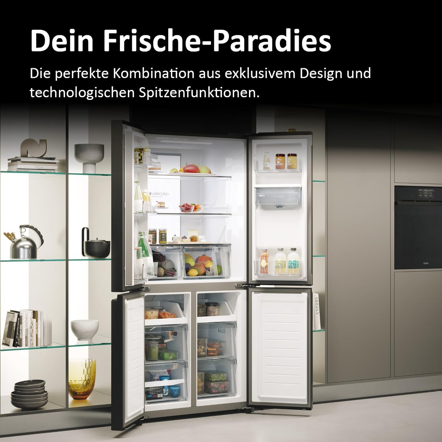 Haier Multi Door Kühl-Gefrierkombination I CUBE 83 SERIE 7 HCR7818DWPT I 4-türiger Kühlschrank mit Gefrierfach, XXL-Fassungsvermögen & 83cm Breite I 463L, Energieklasse D I Wasserspender & No Frost