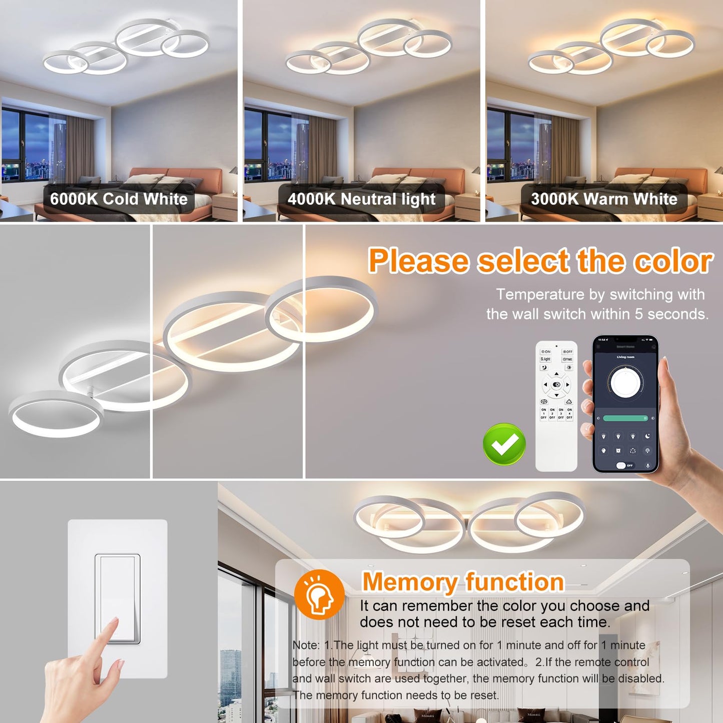 LED Ceiling Lamp, Dimmable Ceiling Light with Remote Control App, Adjustable Ring Shape Living Room Lamp 4 Bulbs Chandelier Lamp, 48 W 3000-6500 K Ceiling Lighting for Bedroom Living Room, Black, 86