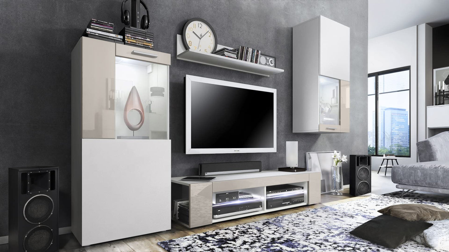 Vladon Wohnwand Movie, Anbauwand bestehend aus 1 TV-Board, 2 Vitrinen und 1 Regal, Weiß matt/Weiß matt/Weiß Hochglanz (Gesamt: 300 x 190 x 39 cm)