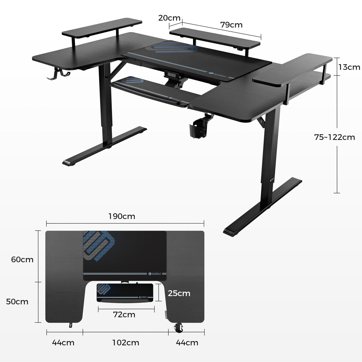 EUREKA ERGONOMIC Height Adjustable Desk 182 x 76 cm Standing Desk in Wing Shape Gaming Table Height Adjustable Electric Large Gaming Desk with LED Monitor Stand and Keyboard Shelf