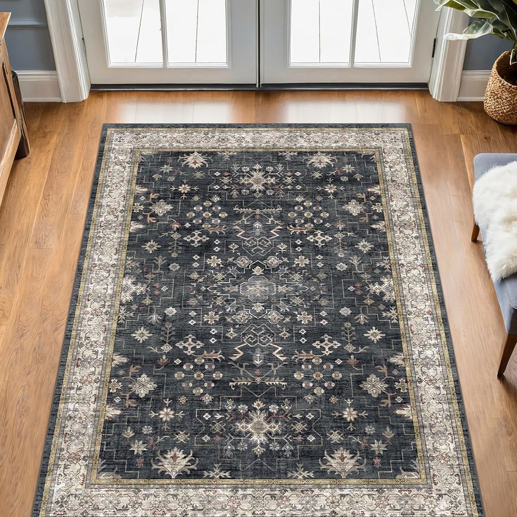 Black Washable Entry Rug, 2x3 Small Rugs for Entryway Kitchen Bathroom Door Mat Indoor Entrance, Non Slip Rubber Backing, Stain & Fade Resistant, Ashen Charcoal Floral Farmhouse Decor