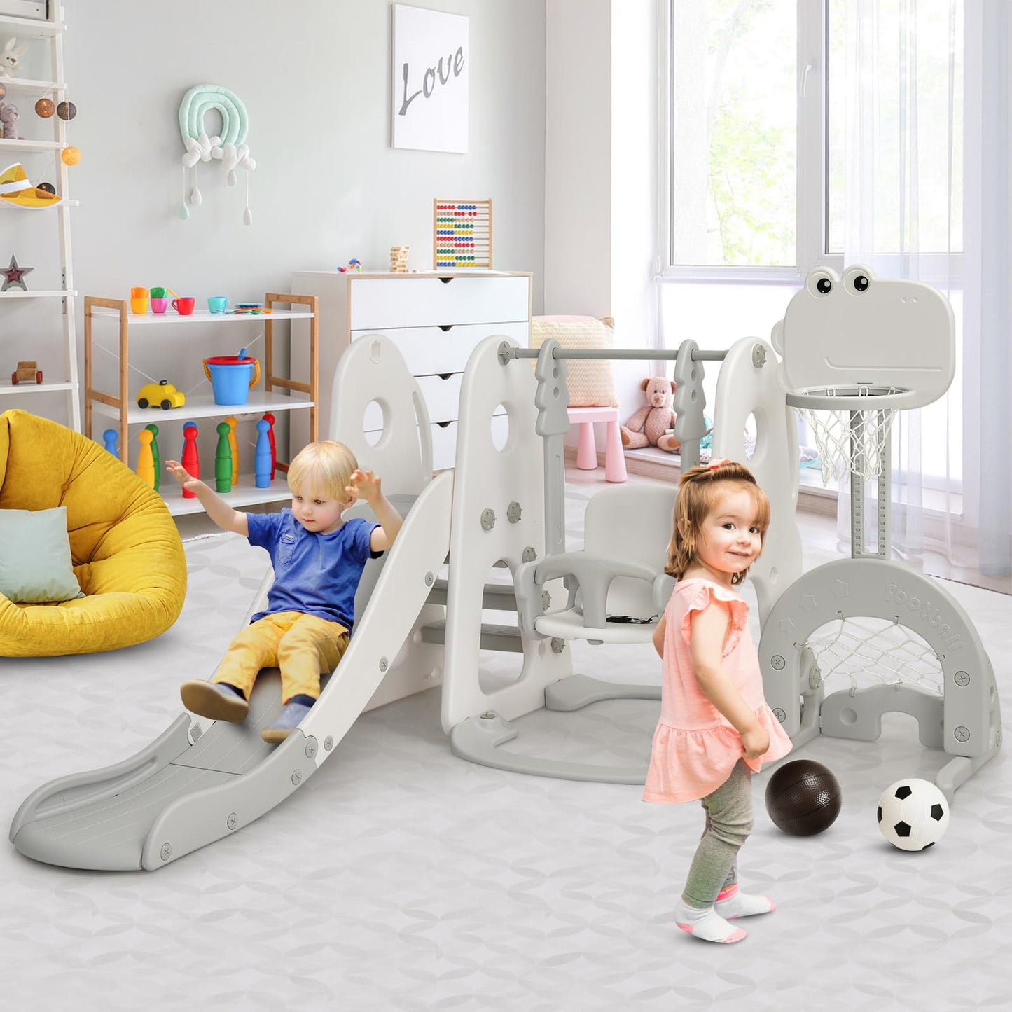 HOMASIS 6-in-1 Kinderrutsche mit Schaukel, Freistehende Rutsche & Schaukel & Basketballkorb & Kletterleiter & Fußballtor & Golfloch, Kinder Spielplatz für ab 3 Jahre Indoor & Outdoor (Orange+Grün)
