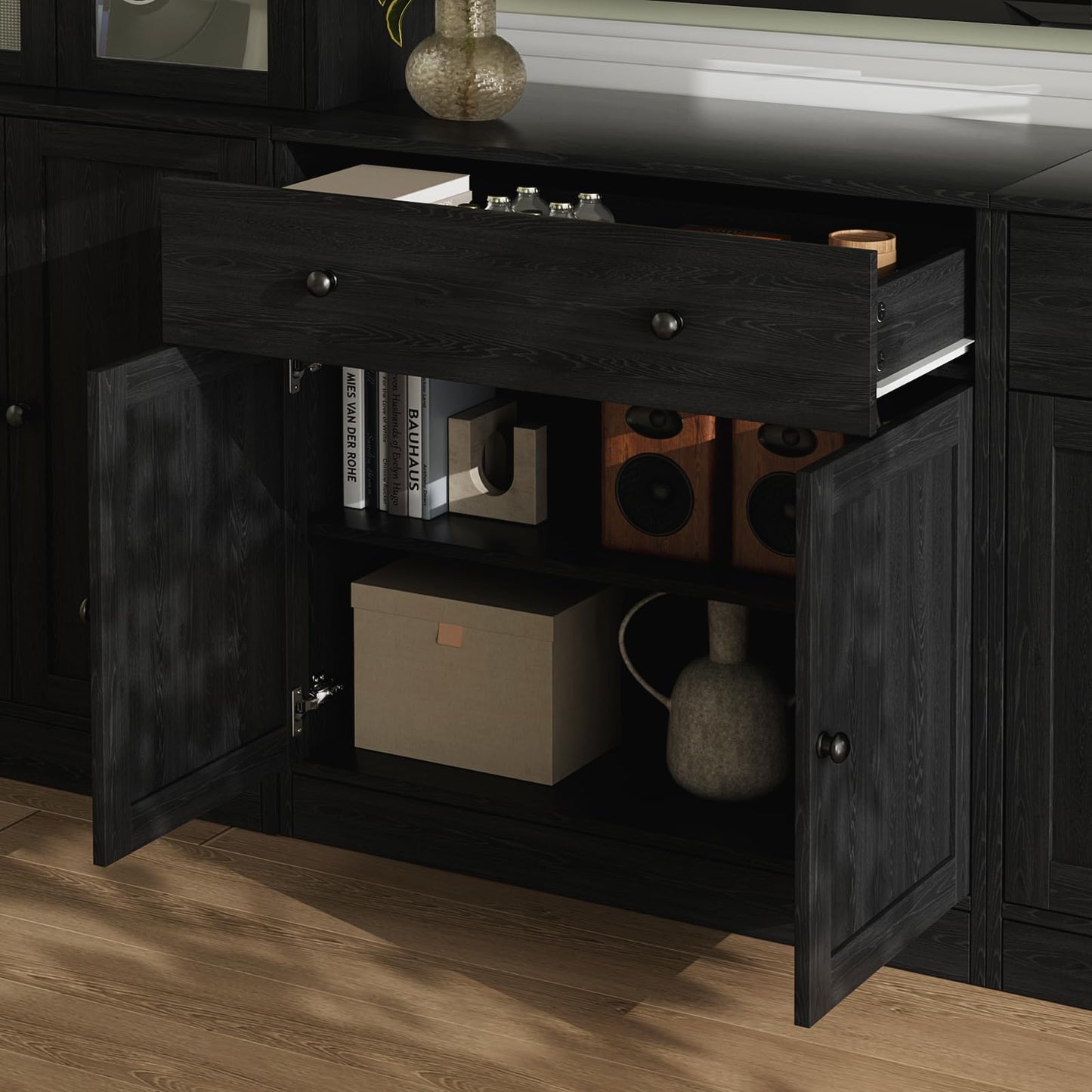 VOWNER 4PSC Large TV Cabinet with Bookshelves for TVs up to 75 Inches, 280 cm Long TV Stand with Tempered Glass Doors and Shelves, TV Cabinet for Living Room, Black (2B+2C)